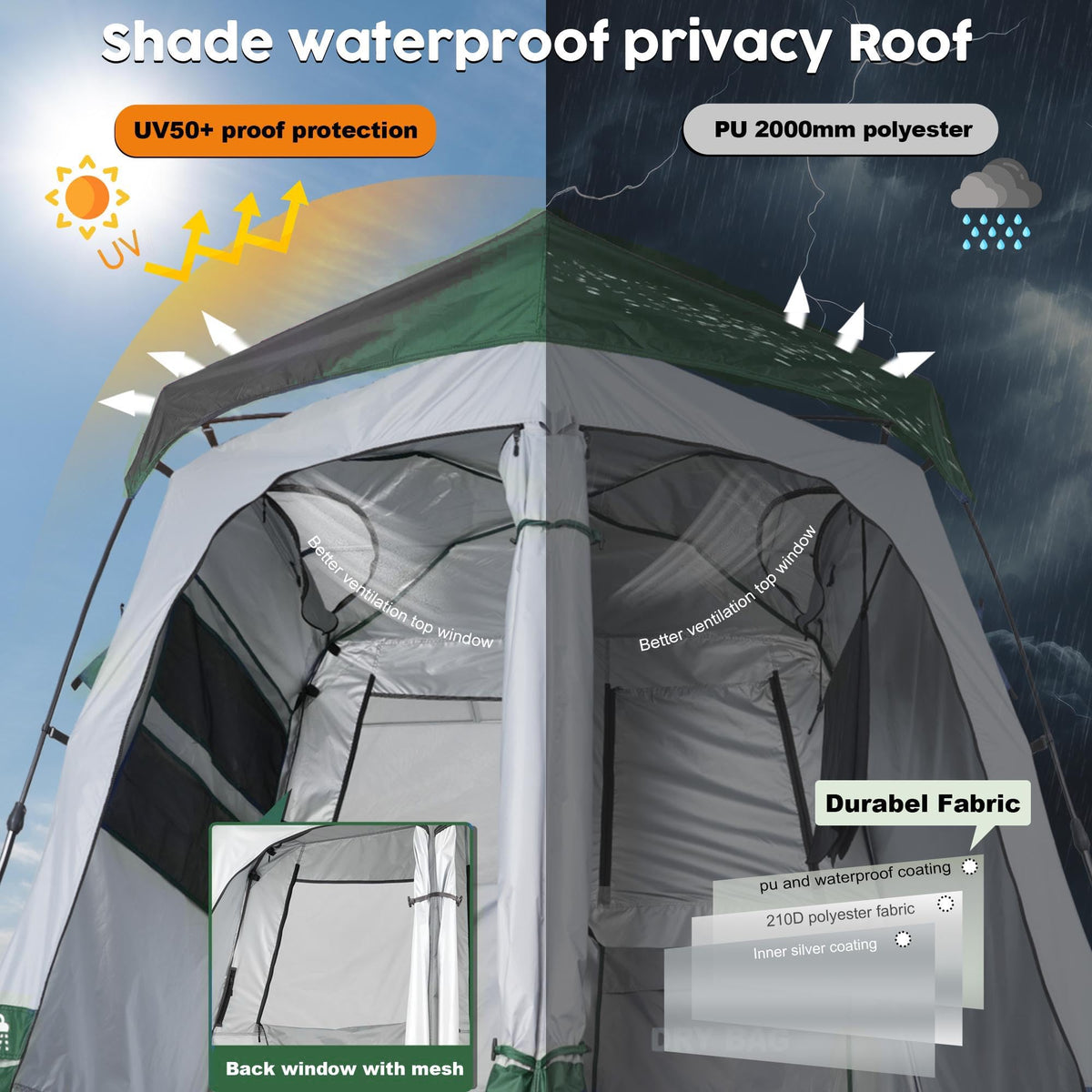 Porayhut Portable Camping Shower Tent Deluxe Changing Room Easy Set Up Privacy Shelter,Large Toilet Tent 2 Rooms with Floor Drain Design for Beach, Camping,Hiking with Stakes and Ropes for Stability