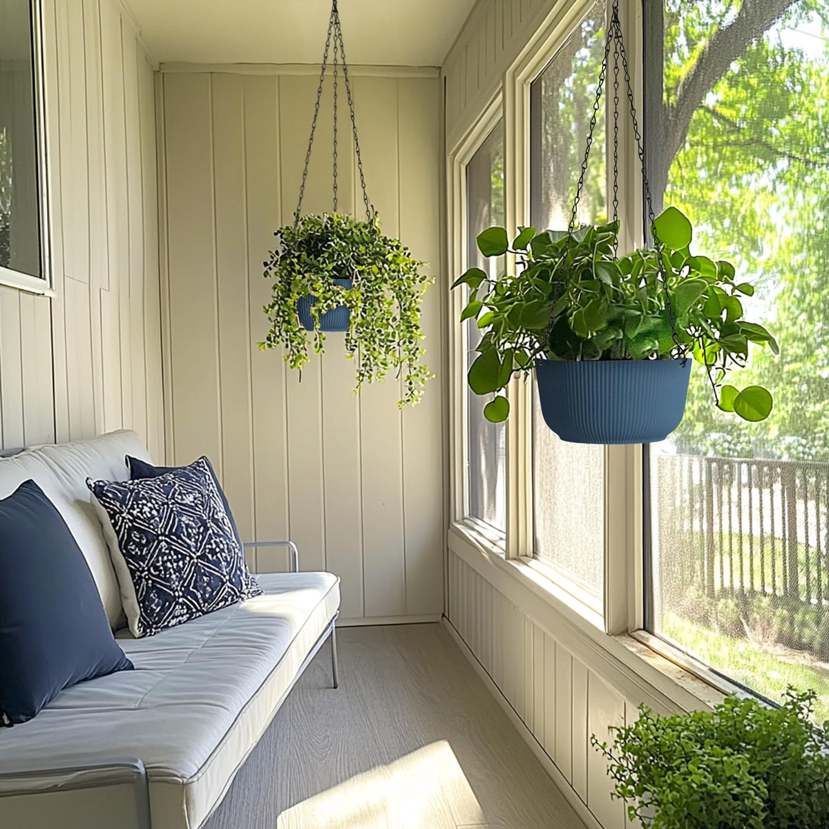T4U 8 Inch Hanging Planters for Indoor Outdoor Plants, Self Watering Hanging Pot Pack of 2, Hanging Pots with Drainage Hole & Plug & Chain with 3 Hooks for Garden Home Decor, Blue