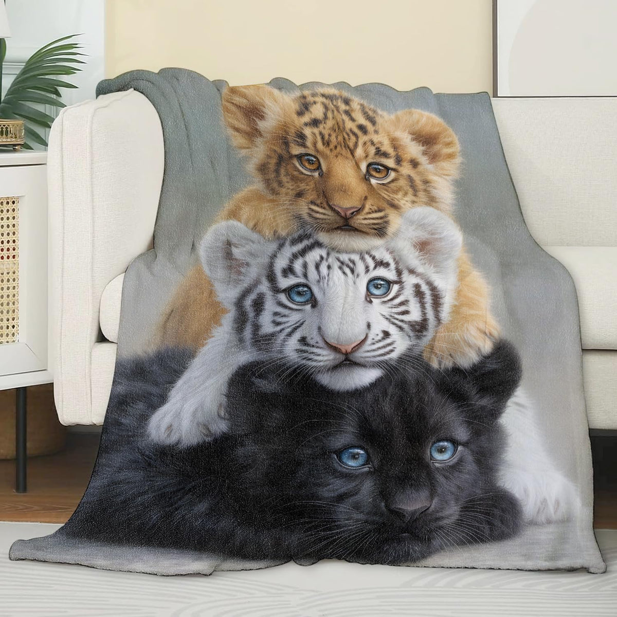 Zeleda Cute Wildlife Flannel Blanket, Soft Cozy Throw with Tiger Lion Leopard, Realistic Animal Home Bedroom Decor and Gifts for Kids Girls Boys, Lightweight Blankets for All Seasons, 50x60 Inch