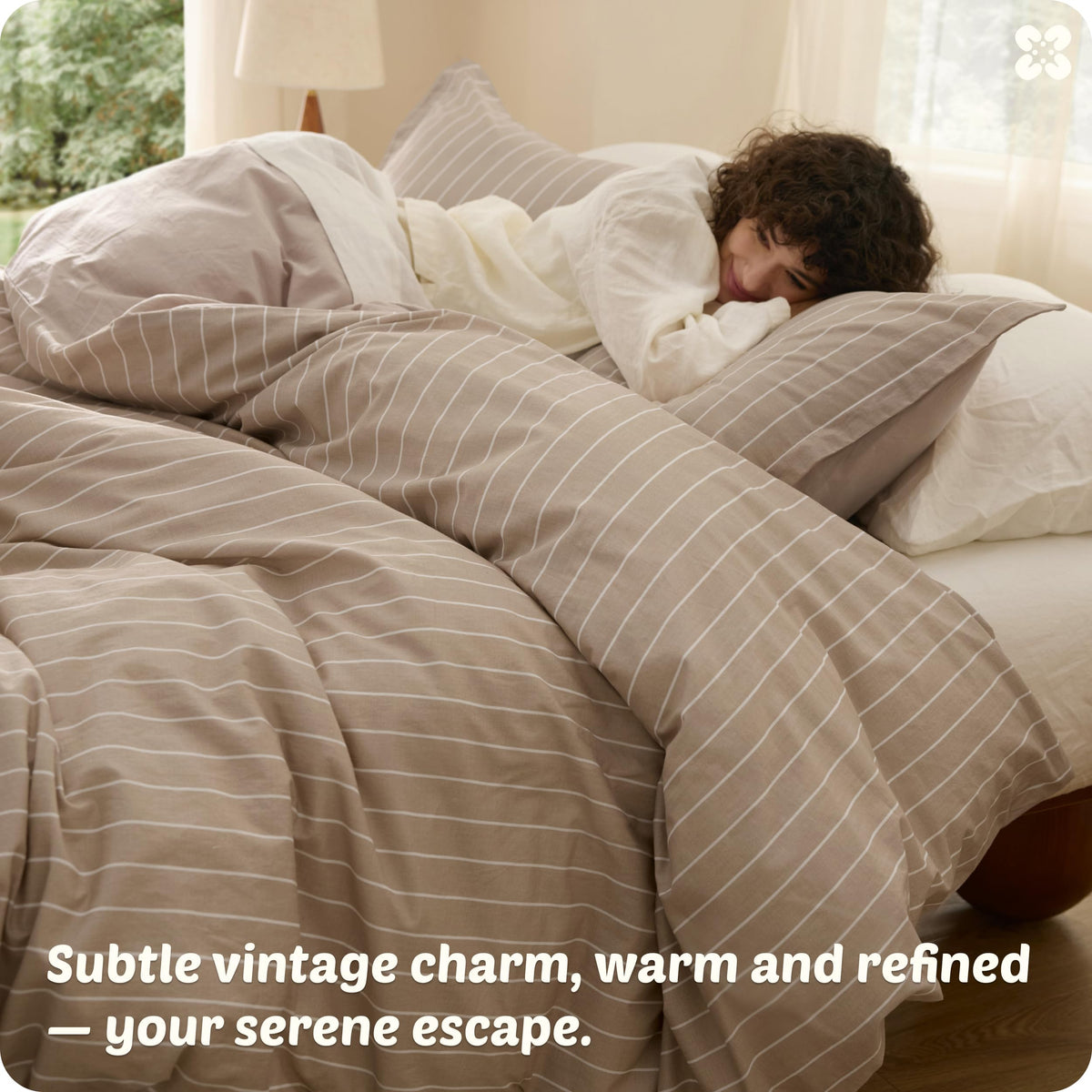 Bedsure Striped Duvet Cover Queen Size, 100% Washed Cotton PureWoven Duvet Cover Linen Like Textured, Classic Striped Pattern Enhances Bedroom Comfort and Style, Stripes Tan/White, 90"x90"
