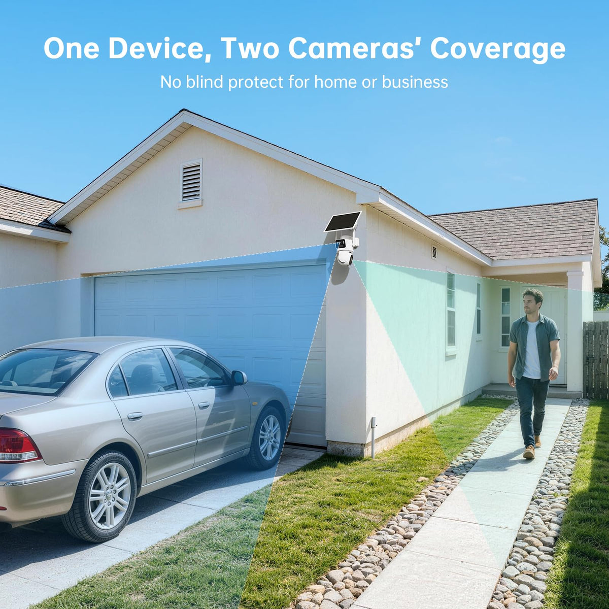 SEHMUA Dual Lens Solar Security Cameras Wireless Outdoor, 2K+2K Dual Views Outdoor Camera Wireless, Color Night Vision, PIR Motion Alerts, 2.4GHz WiFi, IP65, Optional Storage