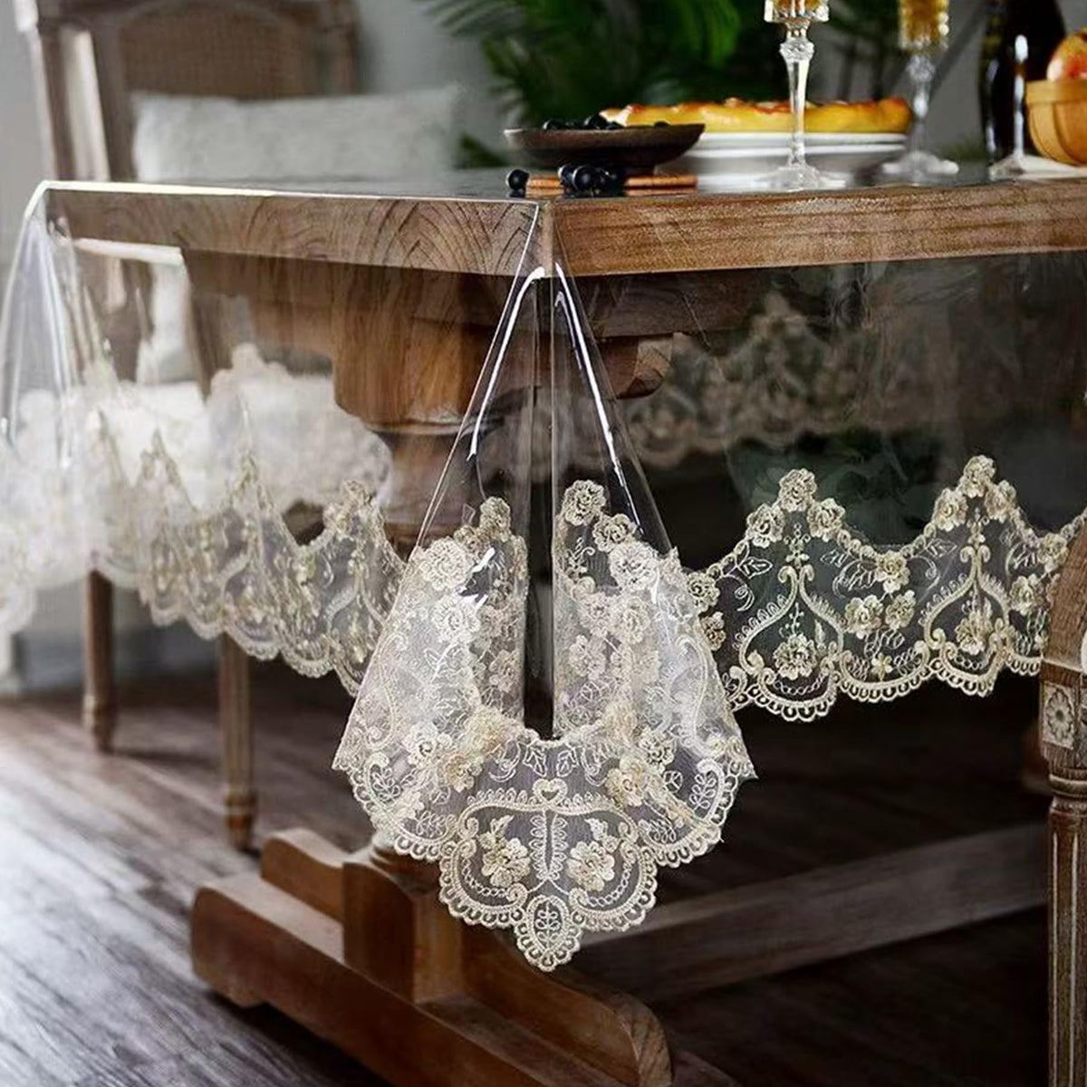 Jusmate Clear Vinyl Tablecloth Protector Transparent PVC Lace Border Plastic Waterproof Oil-Proof Rectangle Table Cover for Kitchen Home Dining Holiday Decoration (Champagne, 60 x 84 Inch)