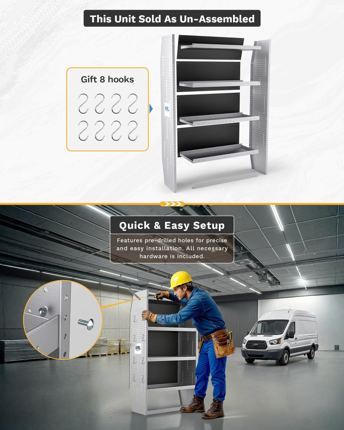 KRL PRODUCTS SV-3260 Steel Mid/High Roof Van Shelving Storage System Fits Transit, NV, Promaster and Sprinter, Van Shelving Units, 32''W * 60''H * 13''D