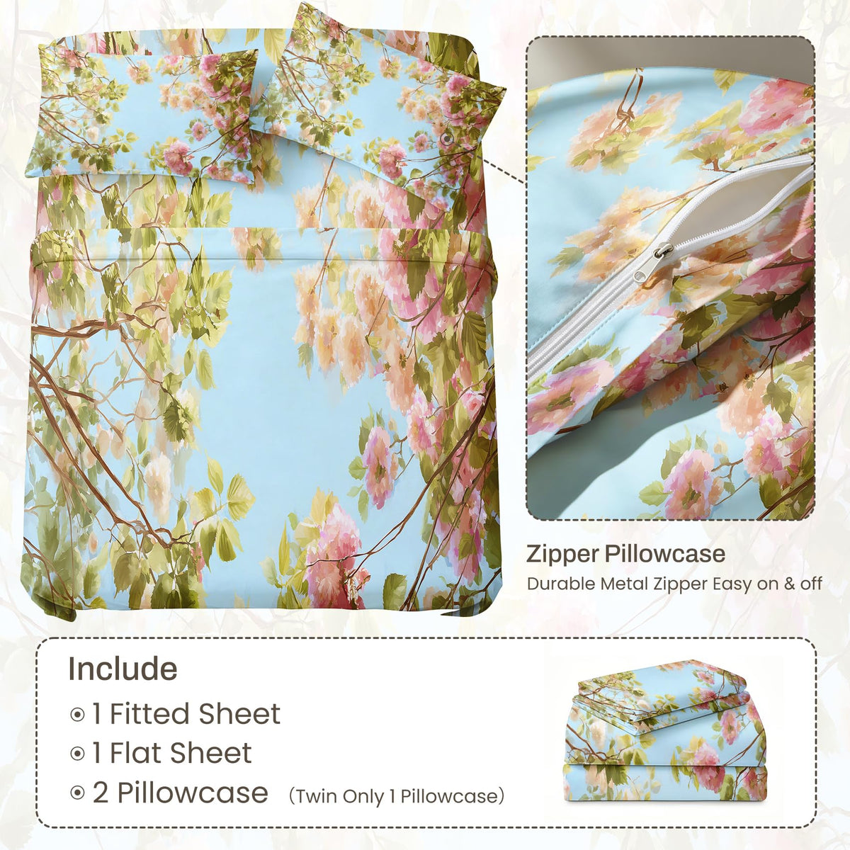 Spring Flower Bedding Set 4 Pcs Blue Sky Floral California King Sheets