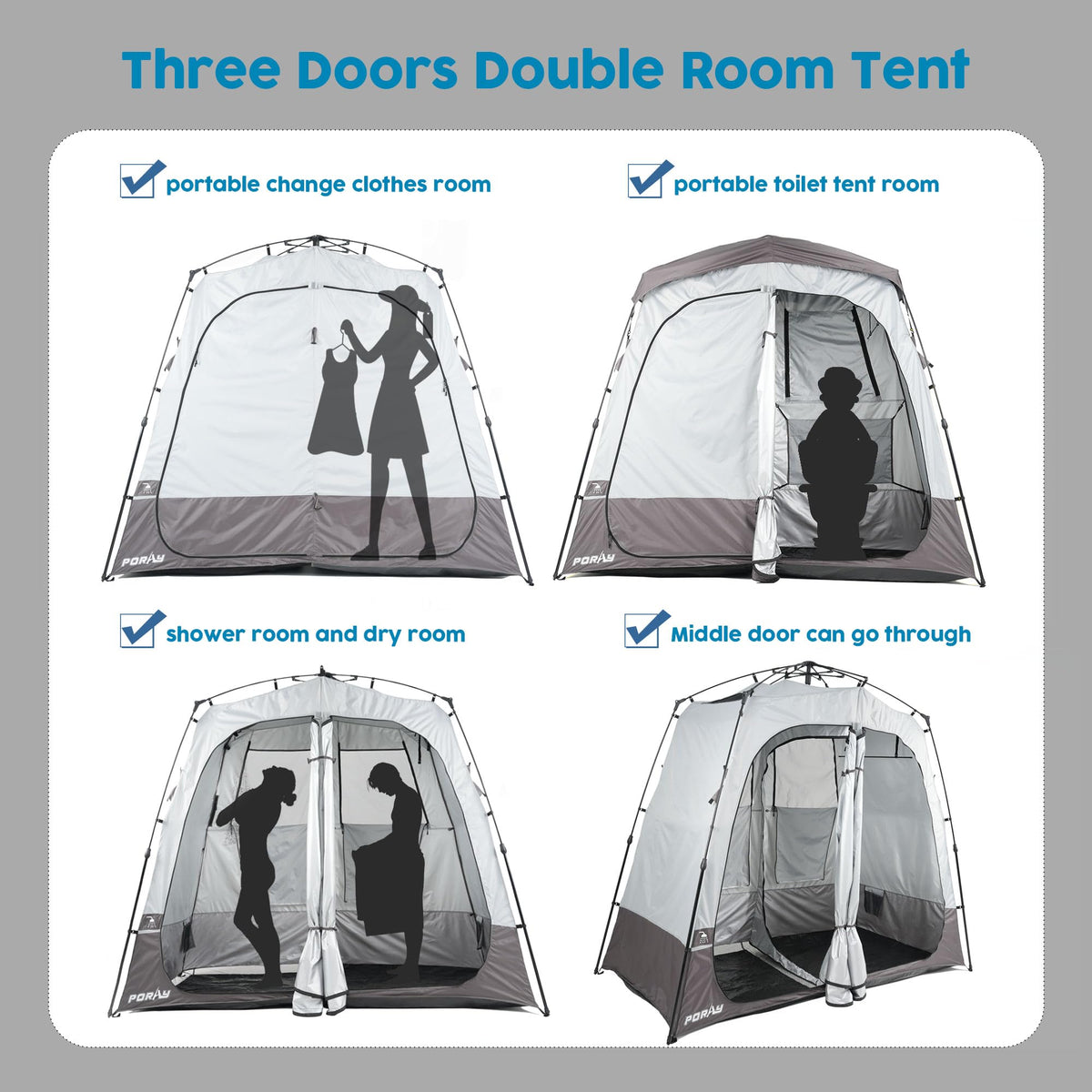 Porayhut Portable Camping Shower Tent Deluxe Changing Room Easy Set Up Privacy Shelter,Large Toilet Tent 2 Rooms with Floor Drain Design for Beach, Camping,Hiking with Stakes and Ropes for Stability