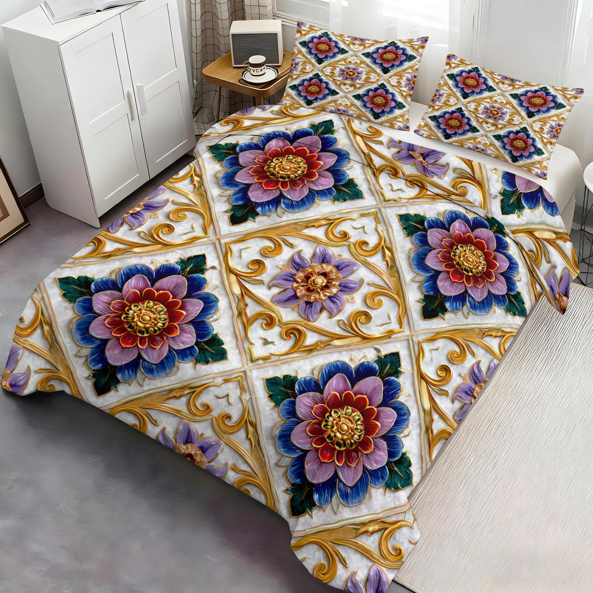 ZAMODE Floral Duvet Cover 104" x 90", Vintage Exotic Flower Bedding Set, Luxury Flowers Comforter Cover with Zipper Ties