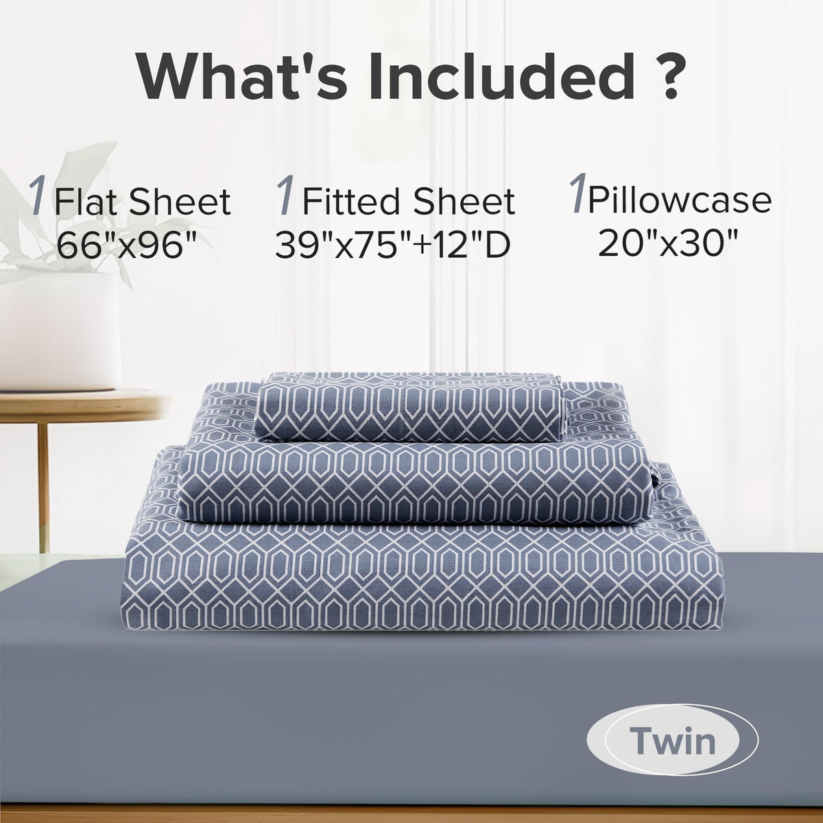 Comfort Spaces 100% Cotton Sheets Twin, Breathable, Naturally Cool Cotton Sheets, Soft Cotton Bed Sheets with 14" Elastic Pocket Fits up to 16" Mattress, All Seasons Sheet Set, Diamond Blue 3 Piece
