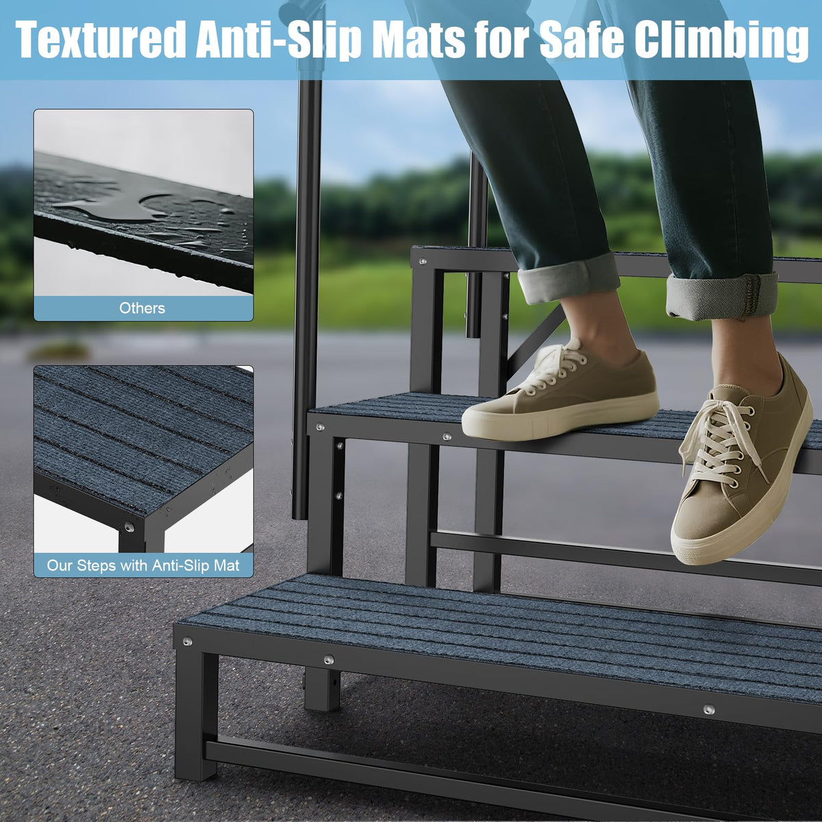 RV Steps with 2 Handrail, 4-Step Heavy Duty Hot Tub Steps, Non-Slip Outdoor Spa Steps for RV, Camper, Trailer, Mobile Home, Porch, Portable Ladder Stairs with Anti-Slip Mats (4 Steps with 2 Handrail)