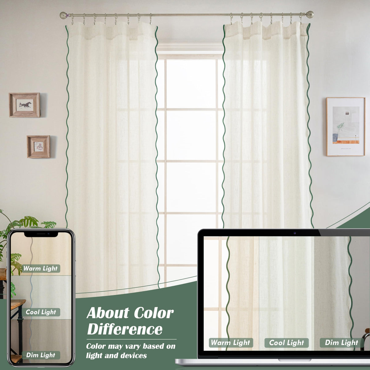 DriftAway Semi Sheer Scalloped Edge Linen Coastal Beach Window Curtains for Living Room Bedroom 2 Panels Rod Pocket Each Size 52 Inch by 84 Inch Loden Green