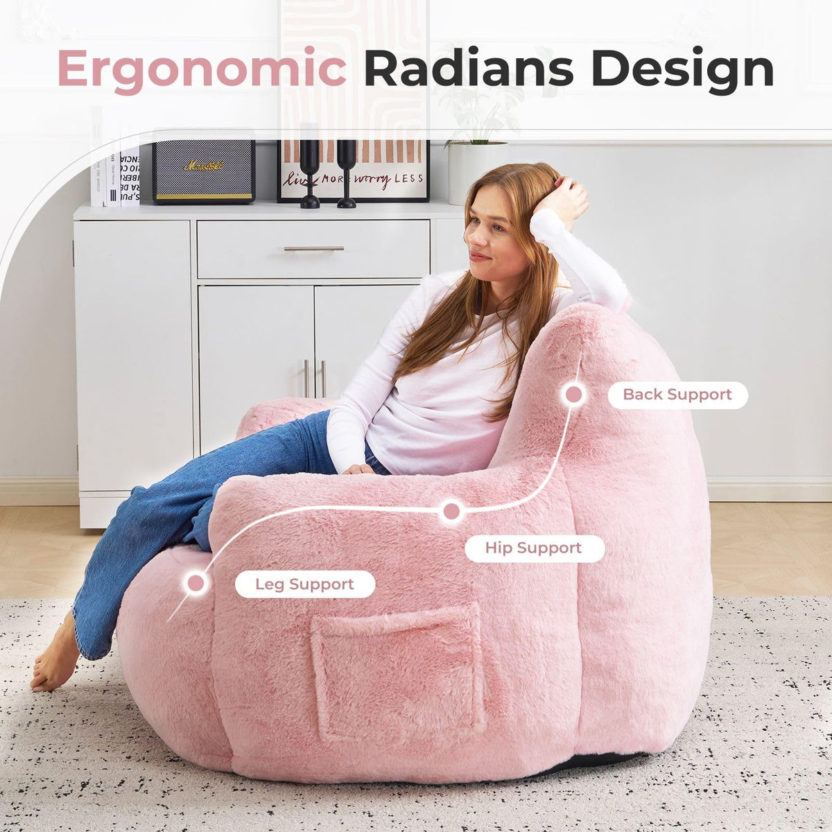 Giant Bean Bag Chair for Adults with Ottoman, Oversized Bean Bag with Filling Plush Fluffy,BeanBag Lazy Sofa Couch with Armrest for Living Room, Stuffed Floor Sofa with Sidepocket for Bedroom, Pink