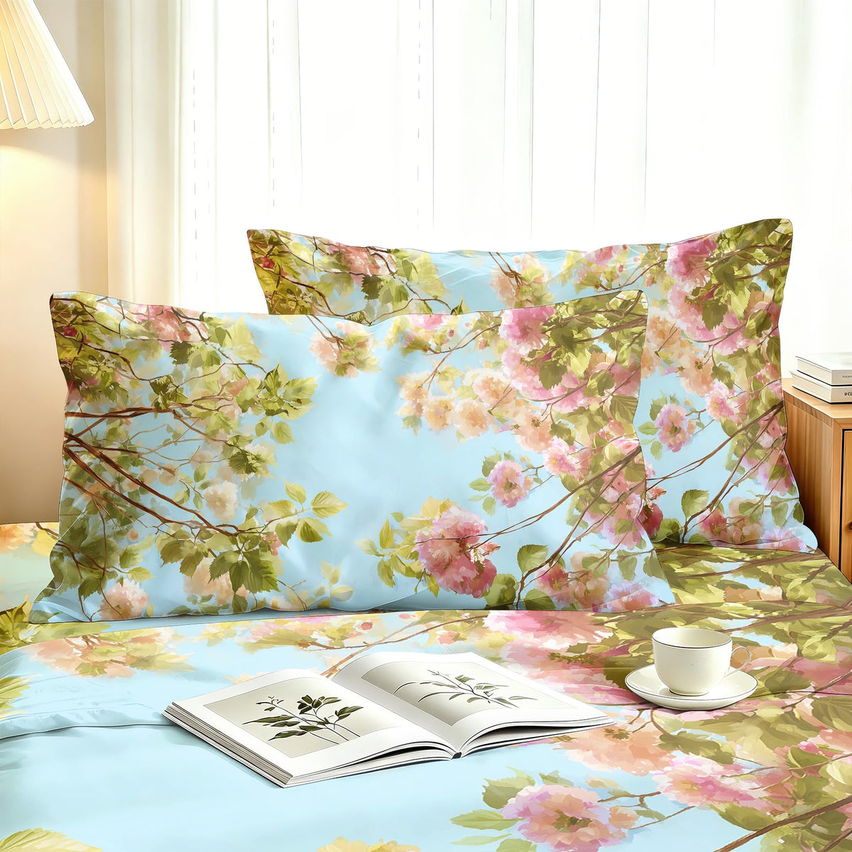 Spring Flower Bedding Set 4 Pcs Blue Sky Floral Queen Sheets