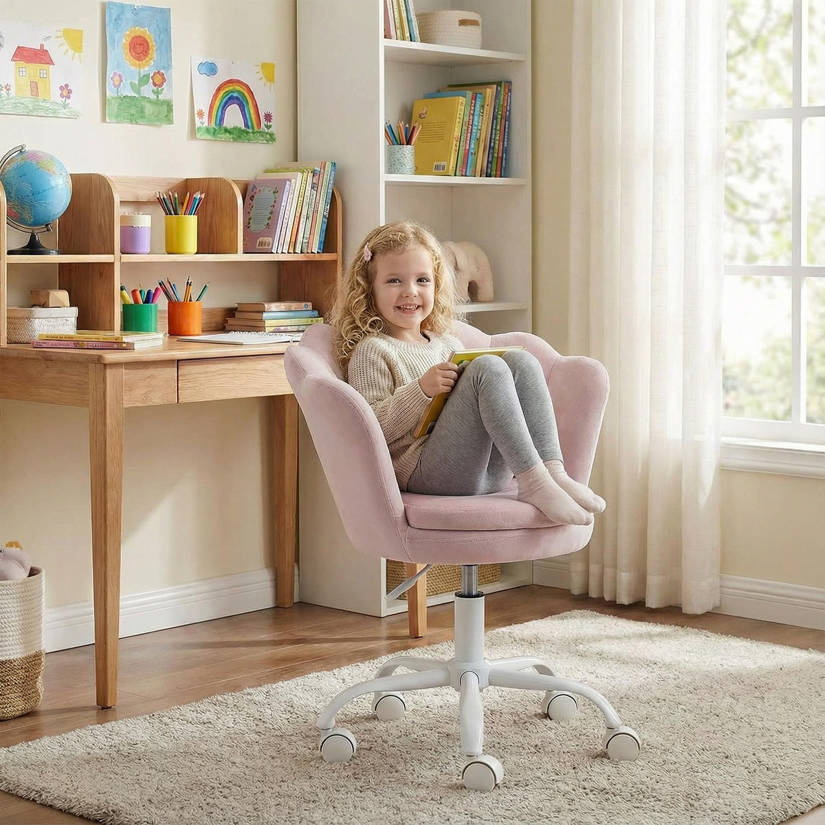 chairus Cute Kids Desk Chair Velvet Living Room Accent Armchair Upholstered Teens Vanity Chair with Seashell Back, Adjustable Swivel Children Study Chair for Computer Homework, Pink