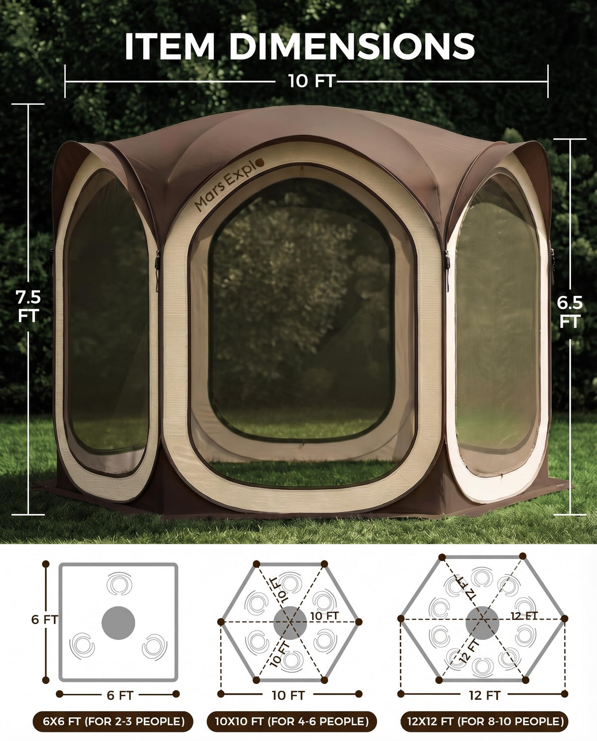 Mars Explo Screen Pop Up House Room Tent, Canopy Sun Shade Shelter for Patio, Backyard, Deck & Outdoor Activities, Portable Gazebo, Not Waterproof, 10'x10', Brown