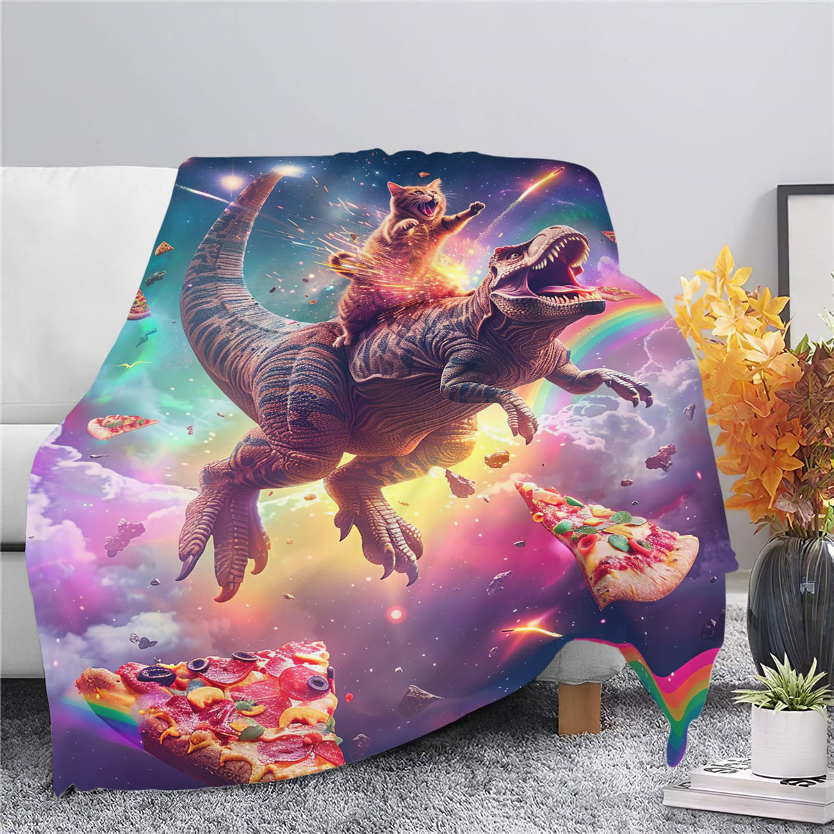 Cat and Dinosaur Blanket Rainbow Pizza Dino Cat Throw Blanket Gifts for Adults Men Women Boys Girls Kids Super Soft Cozy Plush Fluffy Fuzzy Fleece Blanket Decor 60''X80''