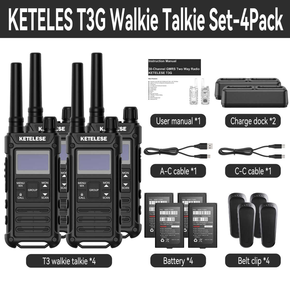 KETELESE T3G IP67 Waterproof Walkie Talkies Rechargeable, Heavy Duty 2 Way Radios with Earpiece and Mic, Dock, USB, NOAA Weather Alert, Group PTT (4 Pack), Black/Grey