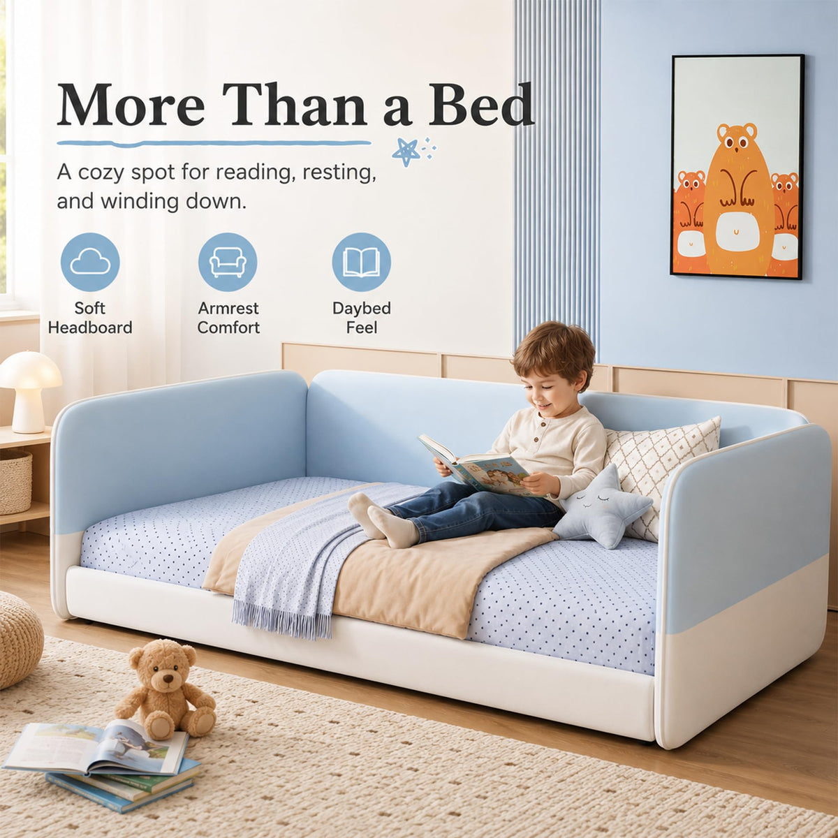 Twin Size Montessori Floor Bed with Upholstered Headboard and Armrests, Velvet Twin Floor Bed Frame with Protective Side Panels, Low Profile Platform Daybed for Kids, No Box Spring Needed, Blue