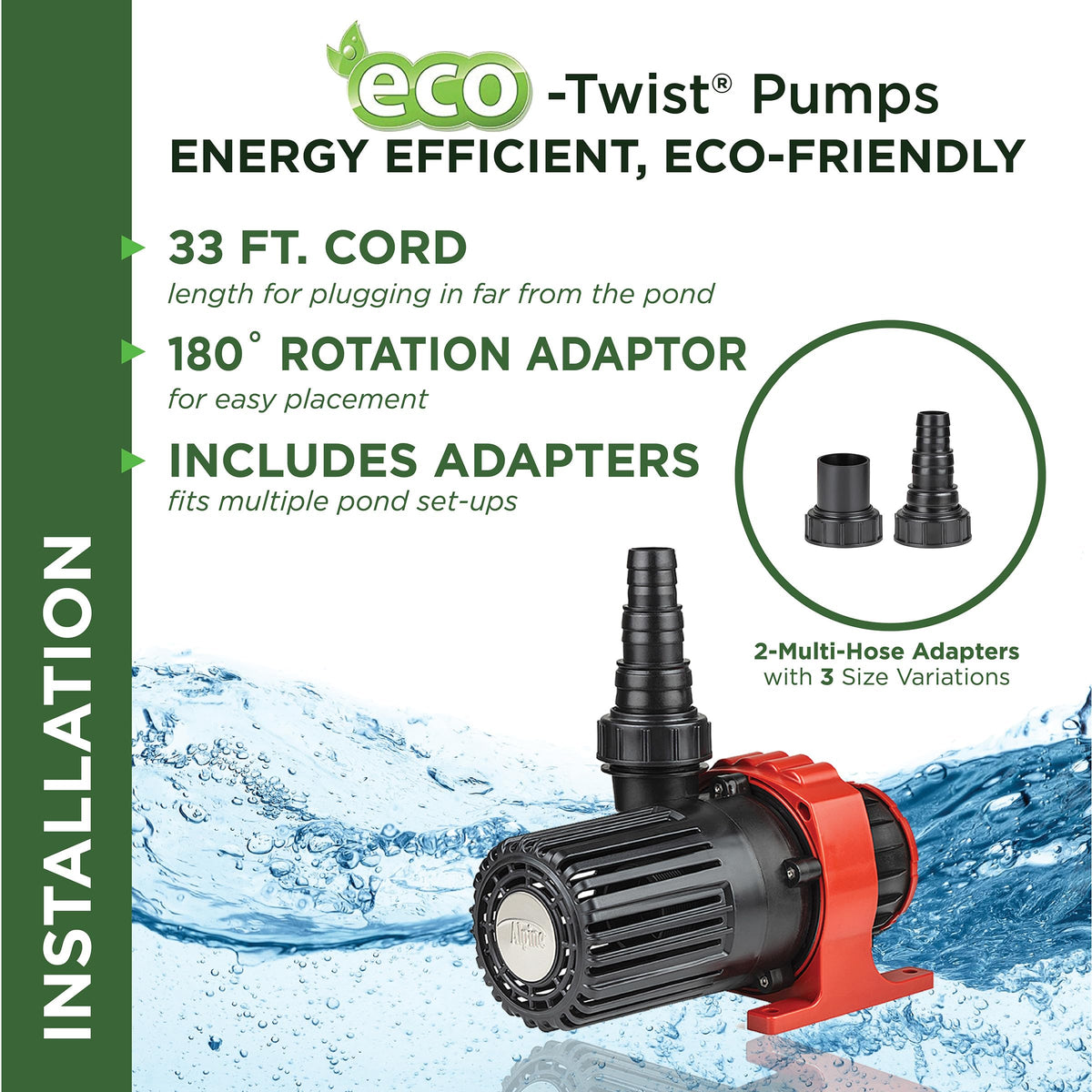 Alpine Corporation Eco-Twist Energy-Saving 4000GPH Pond Pump with 33-ft. Cord