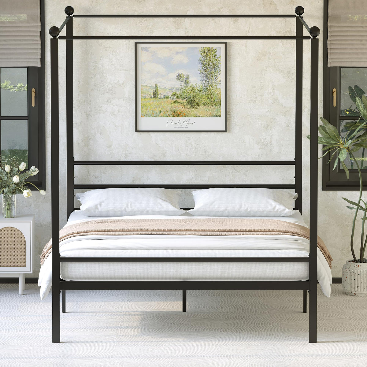 Lutown-Teen King Size Canopy Bed Frame, Four Poster Metal Canopy King Size Bed Frame, Heavy Duty Mattress Foundation with Underbed Storage, No Box Spring Needed, Easy Assembly, Black