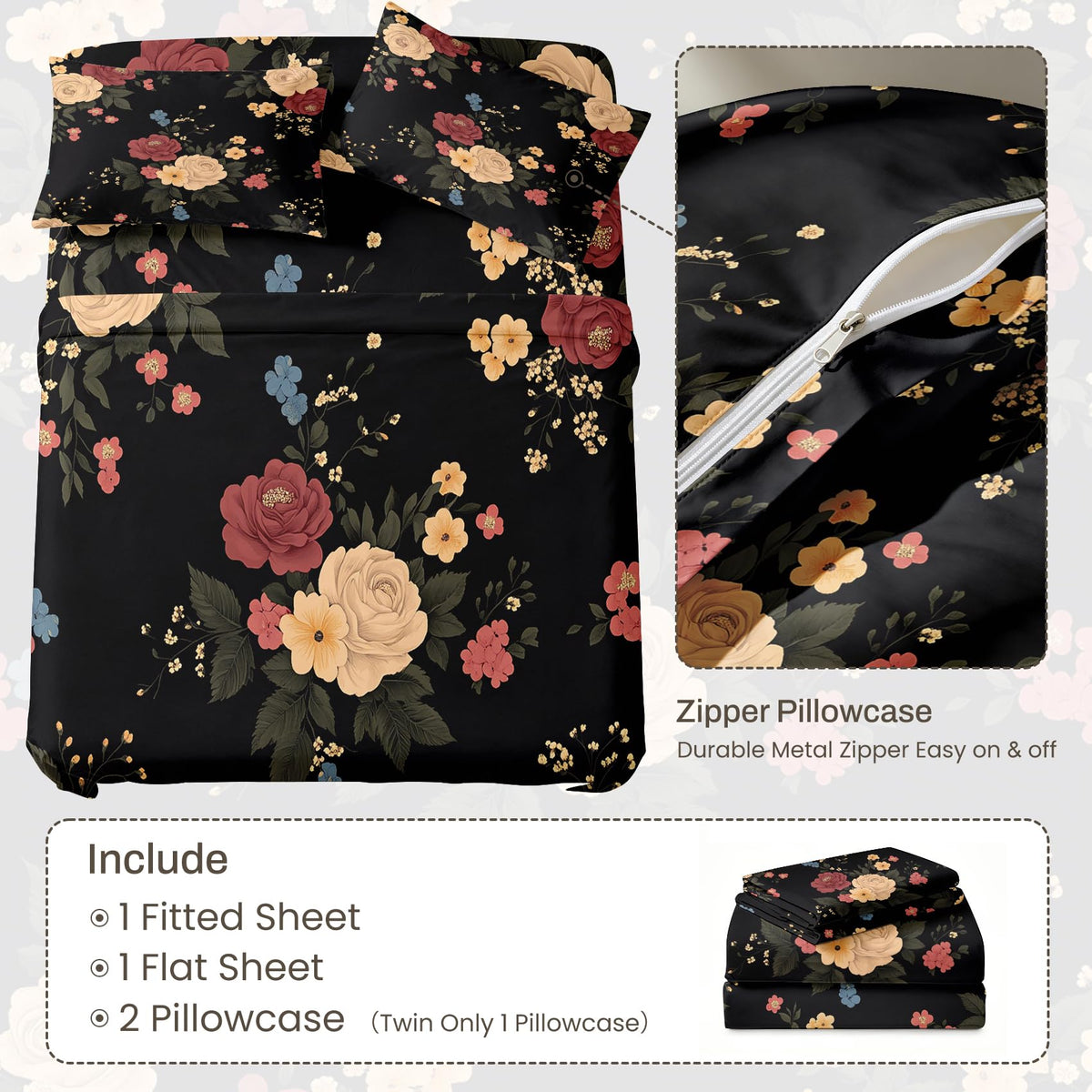 Peony Floral Bedding Set 4 Pcs Flowers King Sheets