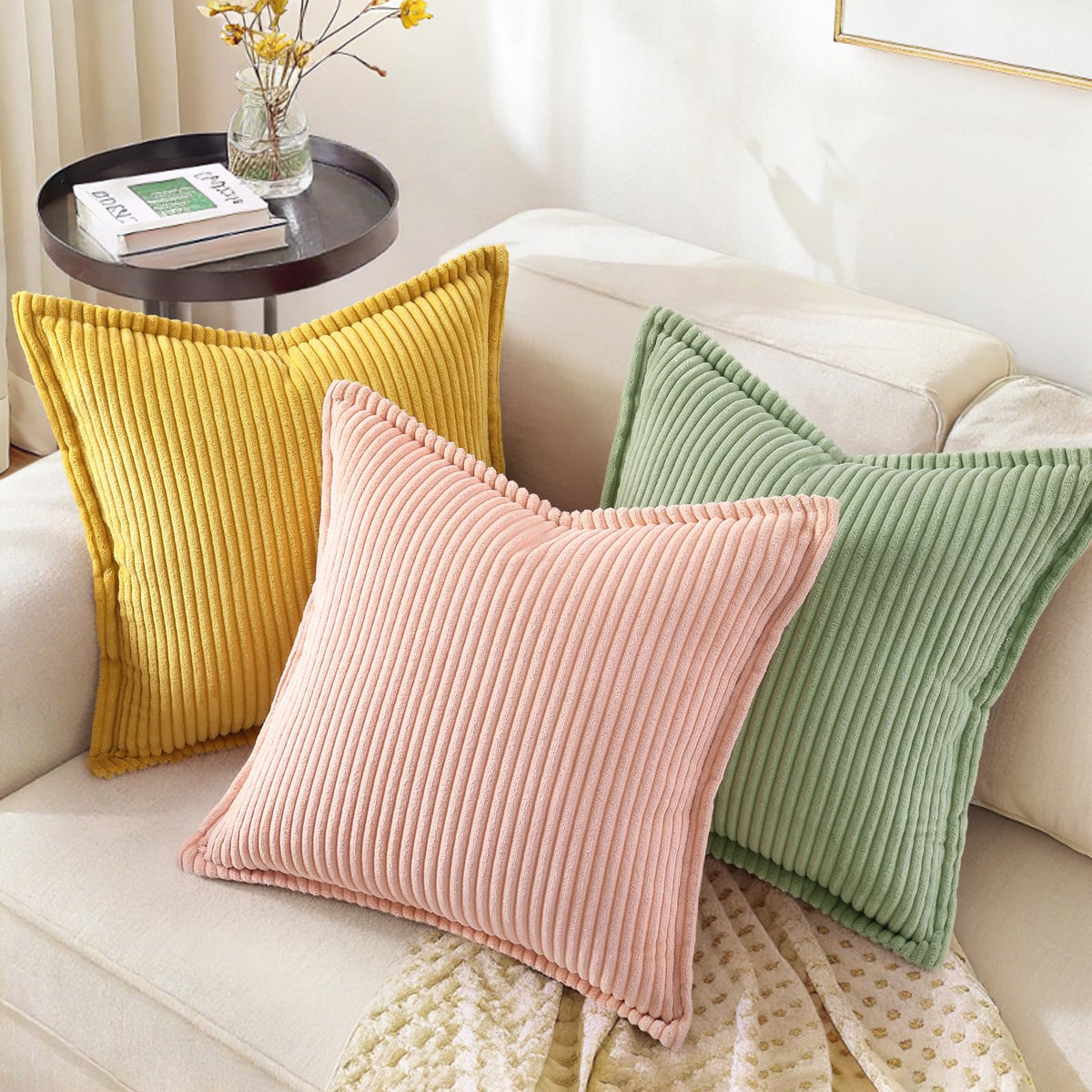 decorUhome Fall Corduroy Sage Green Euro Sham Throw Pillow Covers 22x22 Set of 2 Decorative Soft Boho Farmhouse Couch Pillow Covers for Living Room Bed Sofa Broadside Striped Pillow Cases