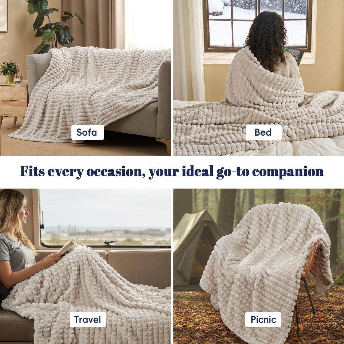 PHF Luxury Soft Fleece Blanket Queen Size, No Shed No Pilling, 380GSM Fluffy Cozy Throw Blankets for Bed, 90"x90", Lightweight Warm Bedding for Home Decor, Ideal Gift for Women, Oak