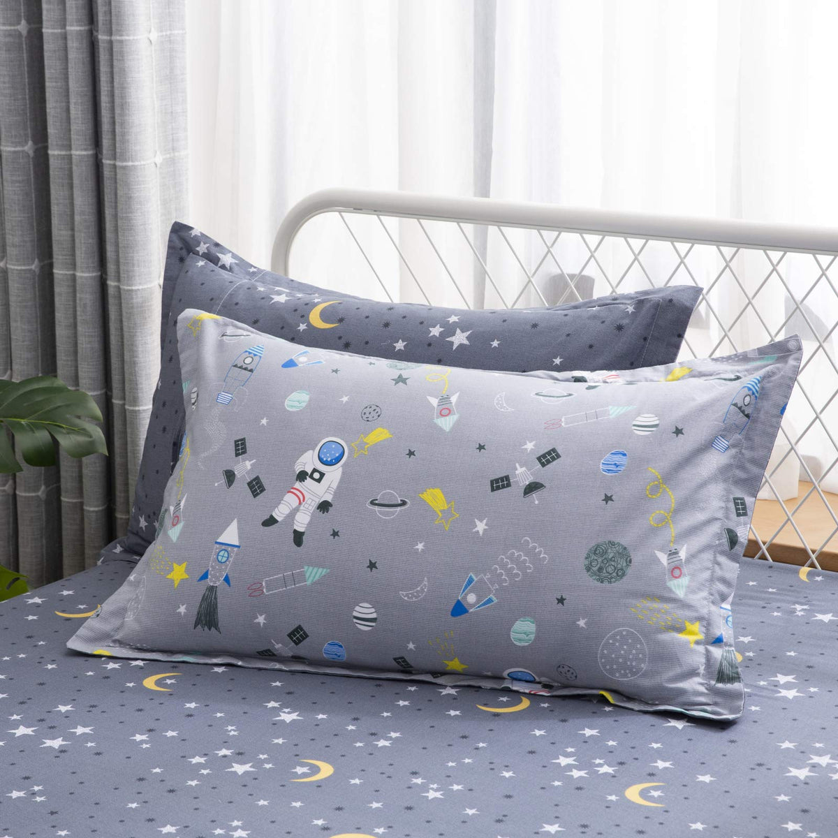 Brandream Kids Bedding Sets Full Size Astronaut Space Galaxy Boys Bed Sheet Set Deep Pockets Grey Bed Sheets Pillow Cases Set 100% Cotton 4-Piece