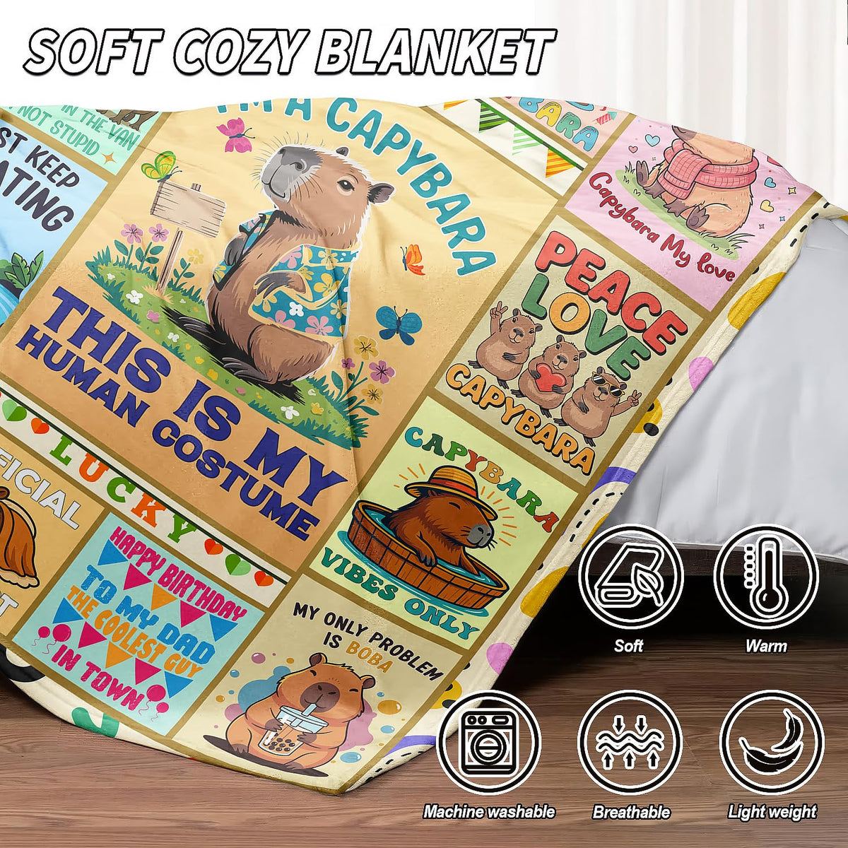 XSMEI Capybara Throw Blanket, Funny Quotes Cartoon Design, Soft Cozy Fleece Blanket for Couch Bed, 40 x 50 Inches