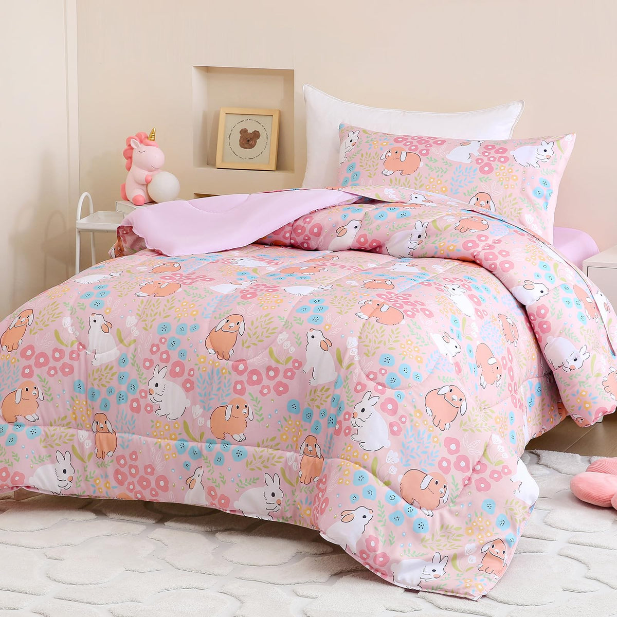 Homilay Toddler Size Light Pink Comforter Set for Kids, Toddler, Boys&Girls, 4 Pieces Bed-in-a-Bag Bedding Set, All Season Ultra Soft Oeko TEX Sheets Set with Comforter, (Cute Rabbit)