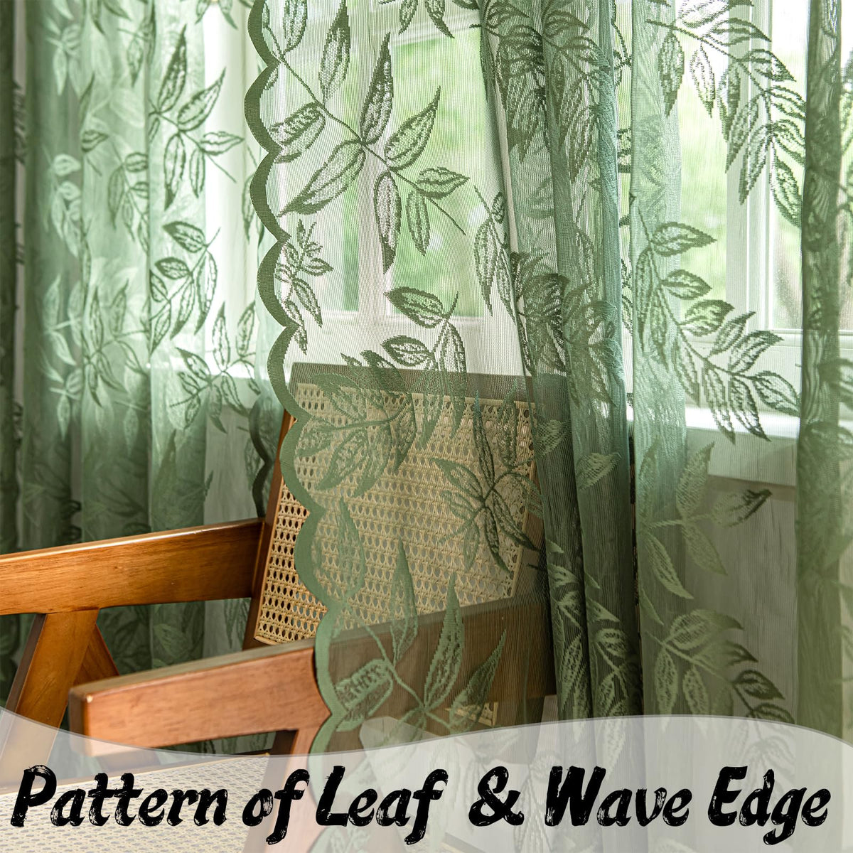 Sutuo Home Olive Green Lace Curtains 84 Inches Long for Bedroom Living Room, Leaf Embroidery Window Sheer Drapes Pair, Rod Pocket Vintage Country Window Treatments Set of 2 Panels, 57" W x 84" L