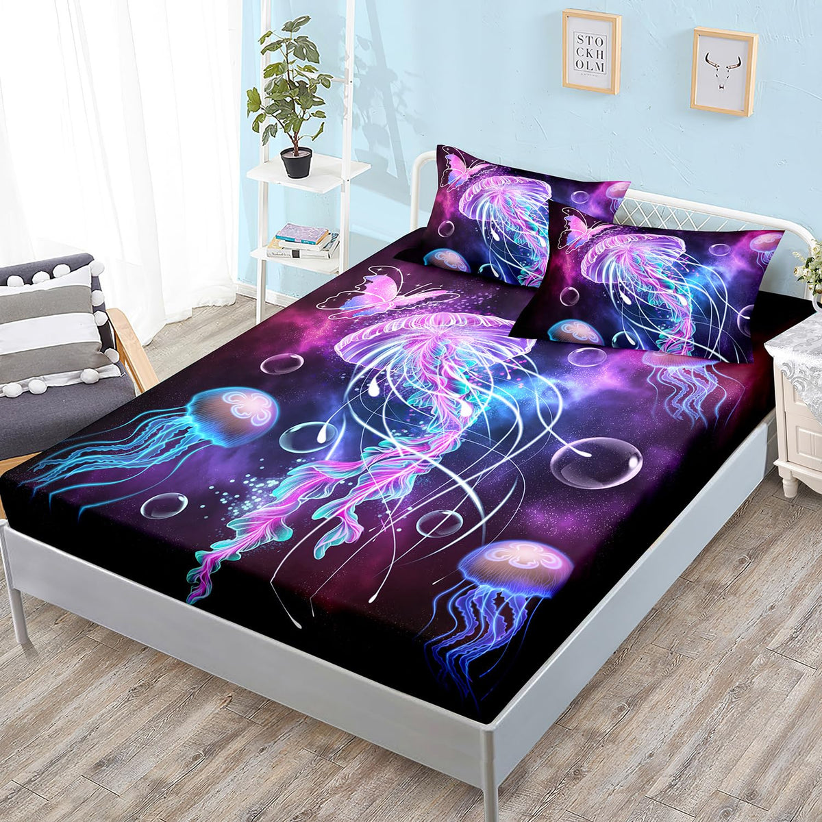 HOSIMA Jellyfish Printed Fitted Sheet Ocean Beach Theme Bedding Set 3 Piece,Universe Starry Sky Twin Bed in a Bag Set for Adults Kids Galaxy Bedding Room Decor Butterfly Bed Set.