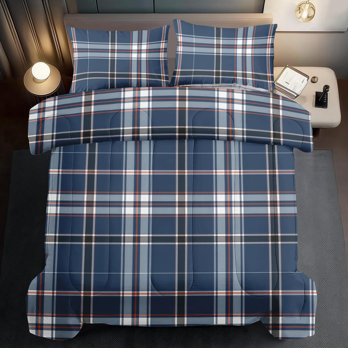 llyxsesty Blue Grid Comforter Set Queen Teens Plaid Design Bedding Set for Boys Gingham Comforter Queen Girls Quilt Plaid Bedroom Decor Grid Checkered Bedding Bed Decor