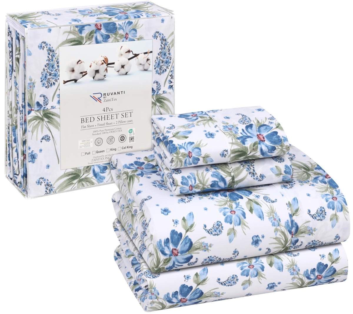 RUVANTI 100% Cotton Sheets Queen Size Set, 4 Pieces, Soft & Breathable Percale Weave Bedding, Deep Pocket 16", Hotel Standard, Crisp Cool Feeling, Durable, Perfect Floral Bed Sheet, Paislyona