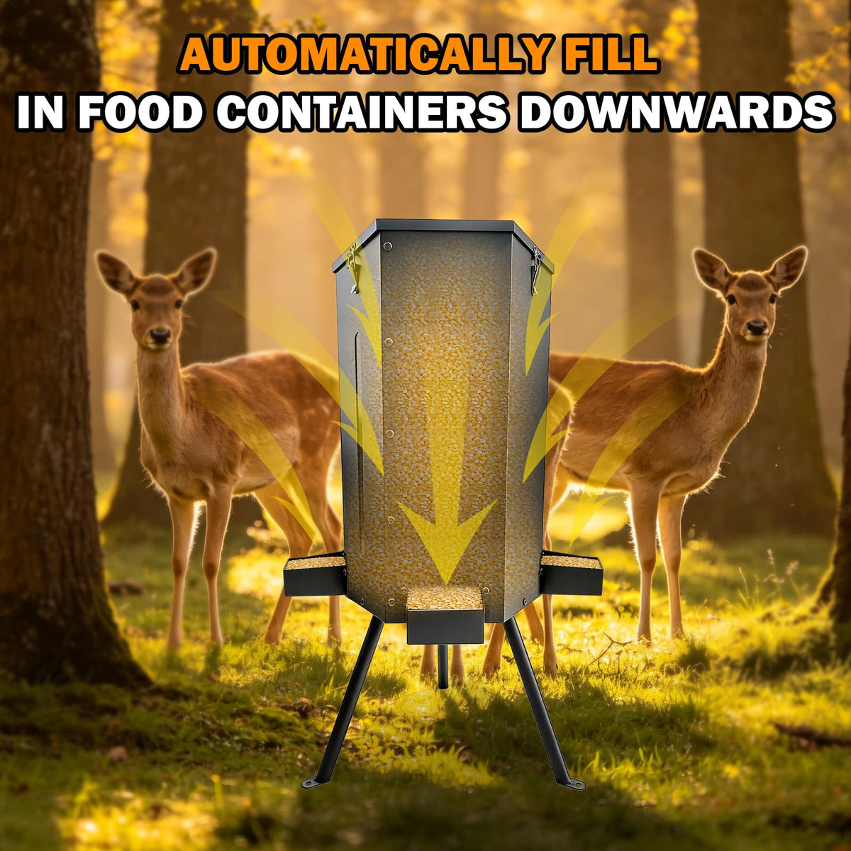 LAJIAOZ 80 lbs Galvanized Steel Gravity Deer Feeder - 14 Gallon Weatherproof Wildlife Game Feeder, 3-Leg Tripod Stand with 3 Feeding Trays, Metal Corn Dispenser for Goats, Turkeys, Livestock