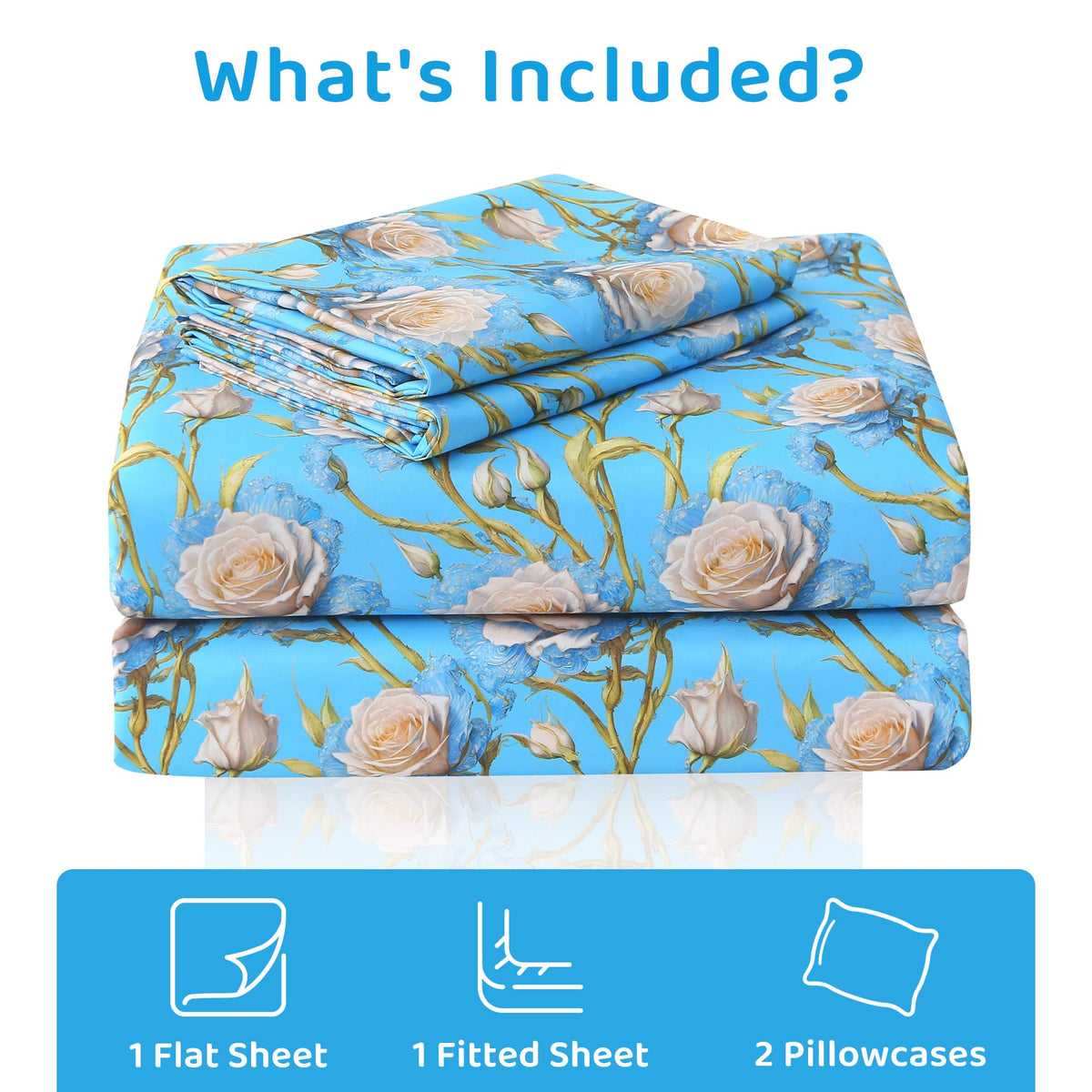 Mooreeke Cozy Floral Microfiber Printed Twin Sheet Set - Soft & Breathable 3D Rose Bed Sheets with Deep Pocket - Non-Slip Fitted Design - Blue White Rose Pattern - Full