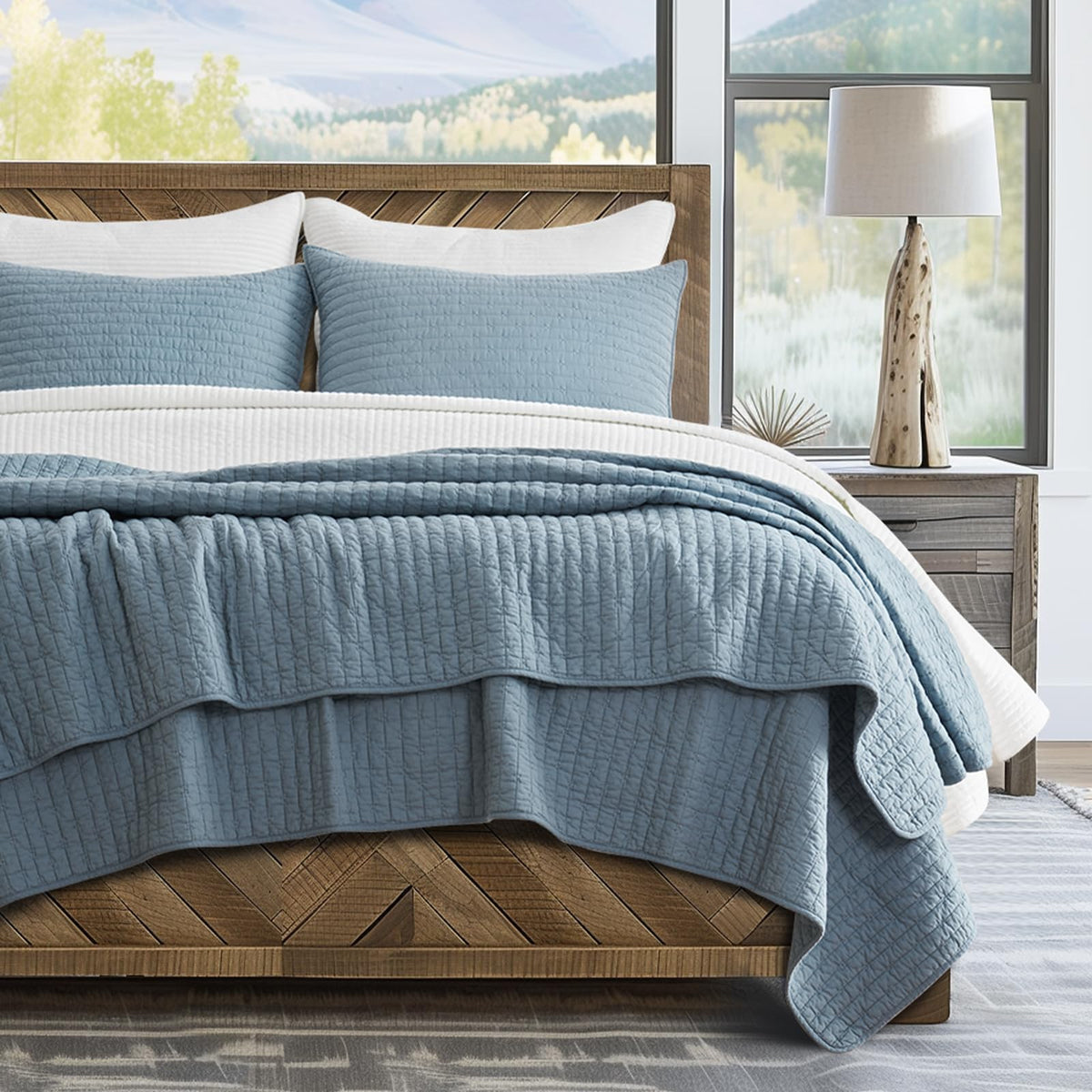 EVERGRACE x Kinsey Walsh Cross Stitch Pre-Washed Cotton Quilt Bedding Set King Size, Oversized 3 Pieces Lightweight Bedspread Coverlet for All Season, with 2 Matching Shams, Dusty Blue, 108"x96"