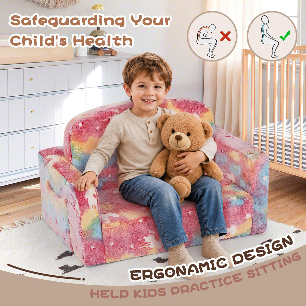 Foryoomi Extra Wide Kids Couch, Kids Sofa, Toddler Sofa, Glow in The Dark, 2-in-1 Soft Toddler Couch with Blanket and Pillow, Pink