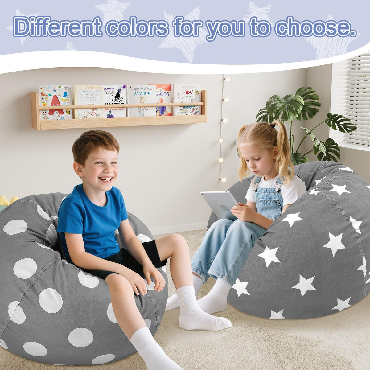 COMAX Bean Bag Chair for Kids, Kid Beanbag Chair Cute, Cotton Canvas Lazy Chair with Shredded Foam Filling, Stuffed Floor Sofa Couch for Boys and Girls, Grey Stars