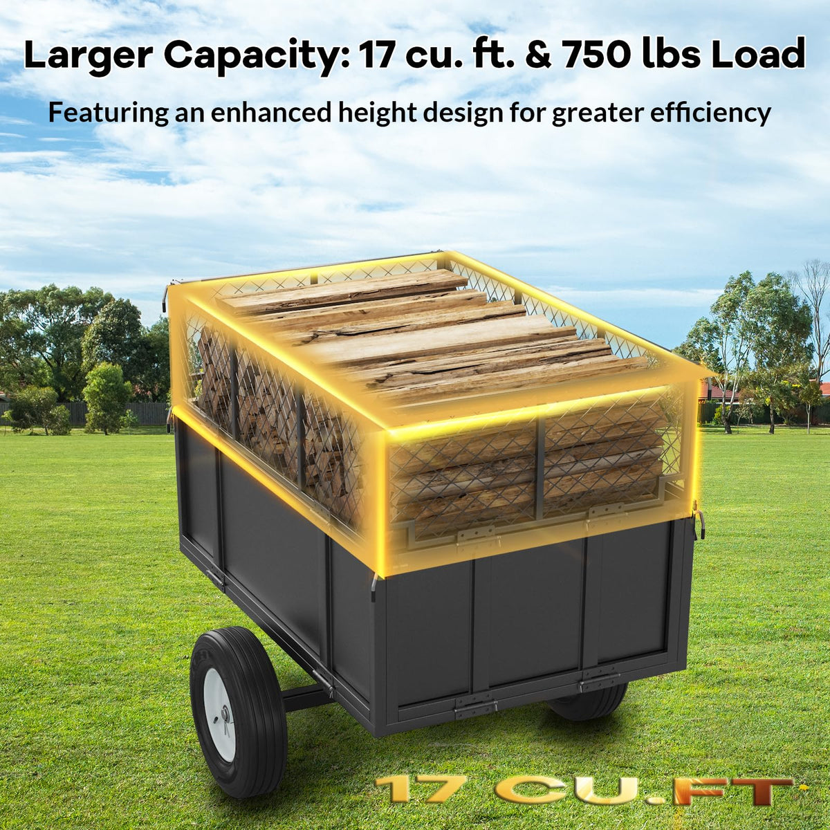 Towallmark 750 Lbs Heavy Duty Dump Cart, 17 Cu ft Steel Utility Wagon with Removable Mesh Sides & Pneumatic Tires, Tow Behind Garden Trailer for Lawn Tractor, Mower, Yard Debris Hauling