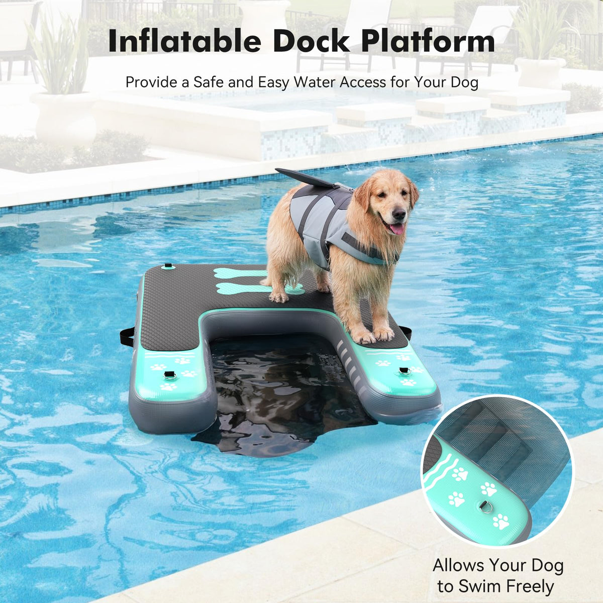 Linvivon Inflatable Dog Boat Ramp for Dogs Up to 240 lbs, Inflatable Dock Floating Platform with Anti-Slip EVA Foam Safe & Easy Water Access, Dog Ramp for Boat, Pools, Lakes, Boats, Docks, Green