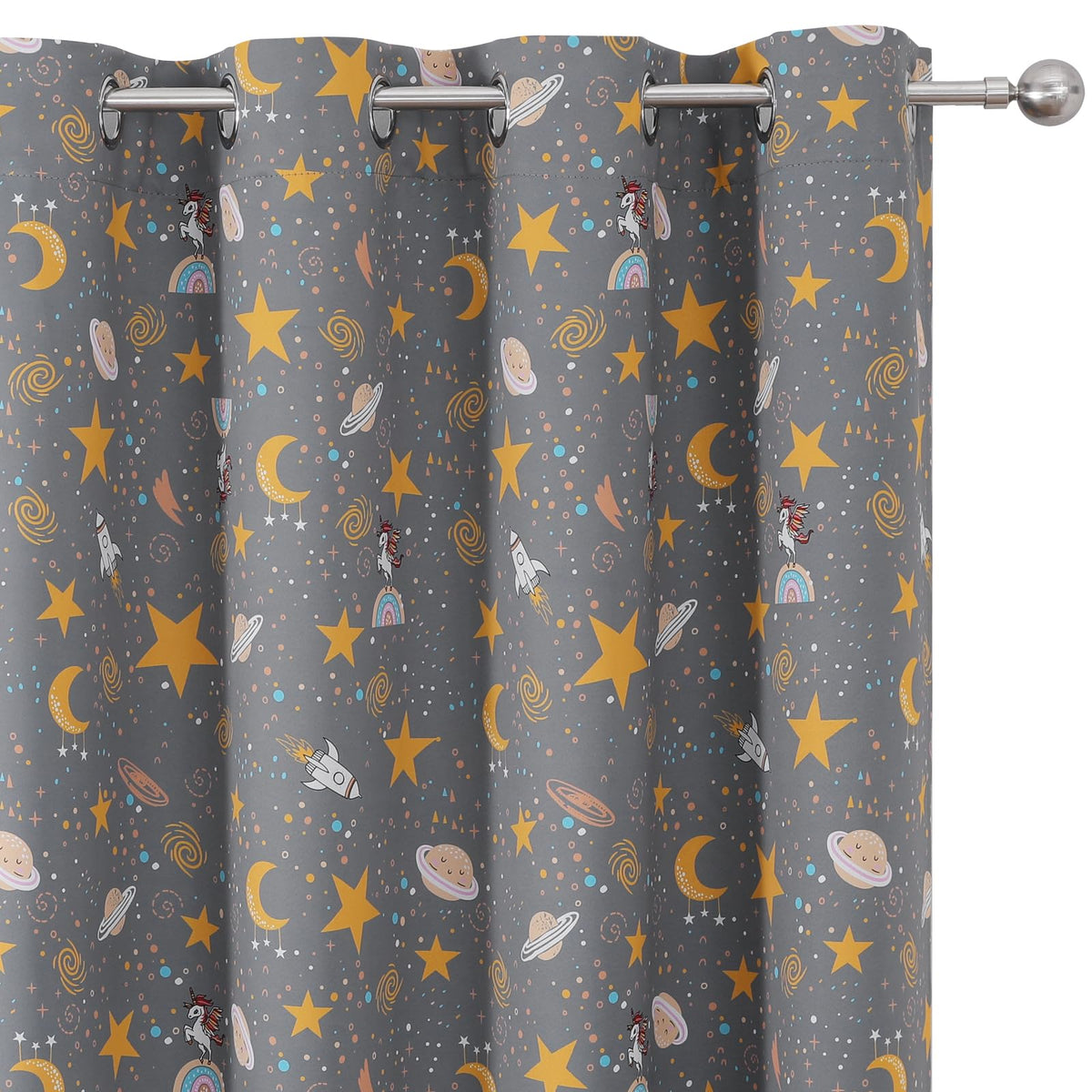 Estelar Textiler Planets Unicorn Printed Grey Blackout Curtains for Nursery Bedroom, Thermal Insulated Room Darkening Star Moon Pattern Grommet Window Drapes for Toddler Room,Gray, W38 x L63, 2 Panels