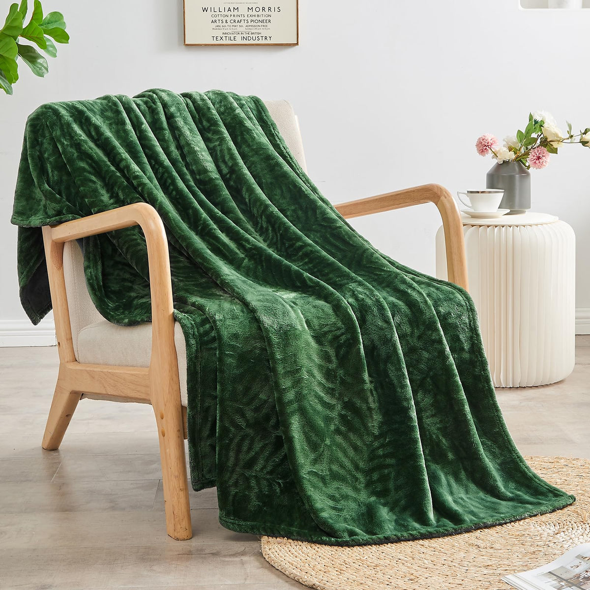 SOCHOW Super Soft Flannel Fleece Throw Blanket, Lightweight Cozy Warm Leaves Textured Plush Blanket for Bed Couch Sofa, 60 x 80 Inches, Olive Green