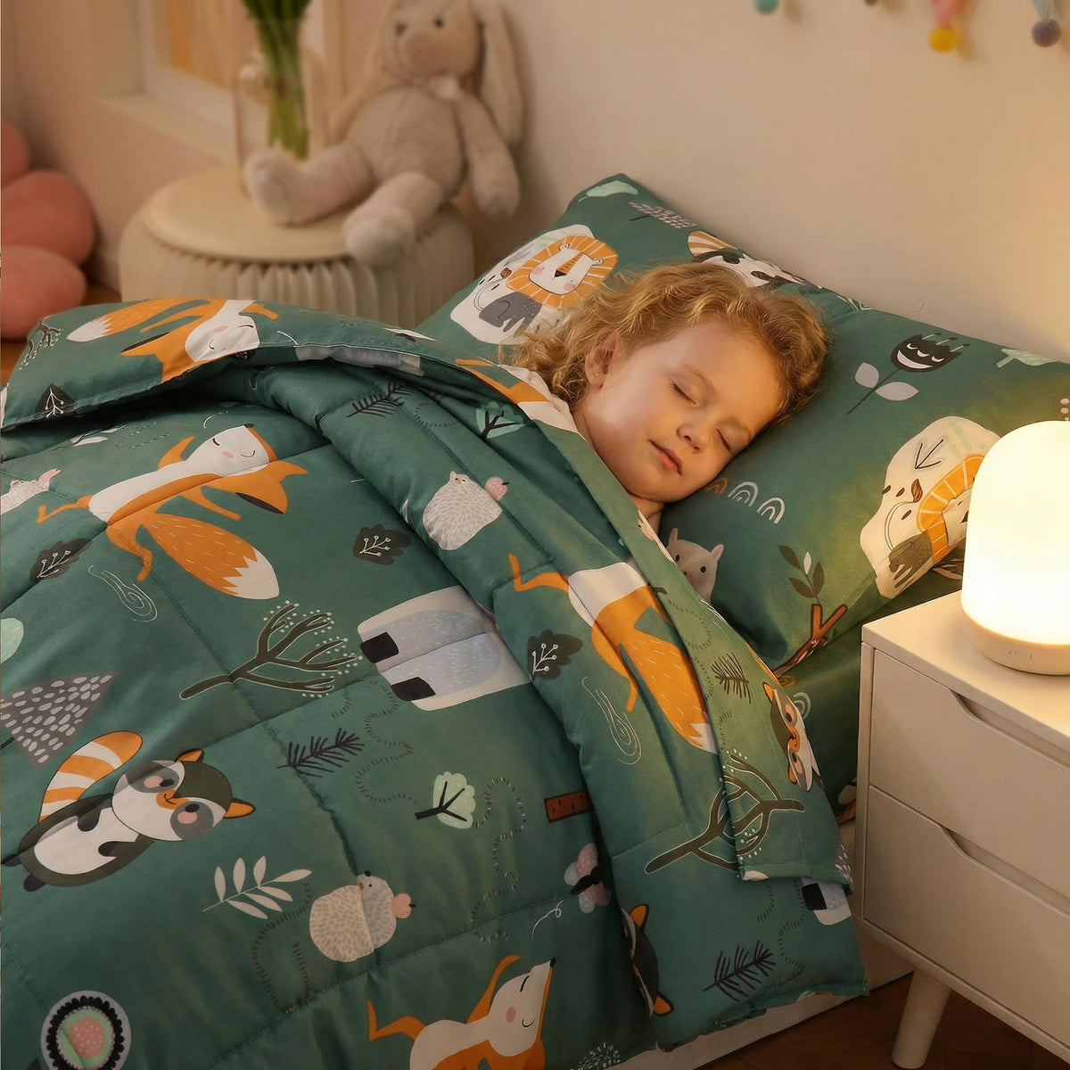 JSD Green Forest Animals Toddler Bedding Set, 4 Piece Bed-in-Bag Toddler Comforter Sheet Set, Machine Washable