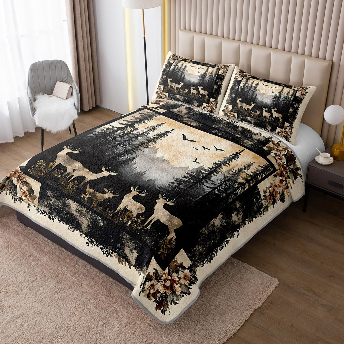 HOSIMA Deer King Bedding Set for Adults,Deer in Forest Print Summer Soft Lightweight Quilt,Floral Pattern Plaid Animal Bedding for Aesthetic Room Decor with 2 Pillowcases.