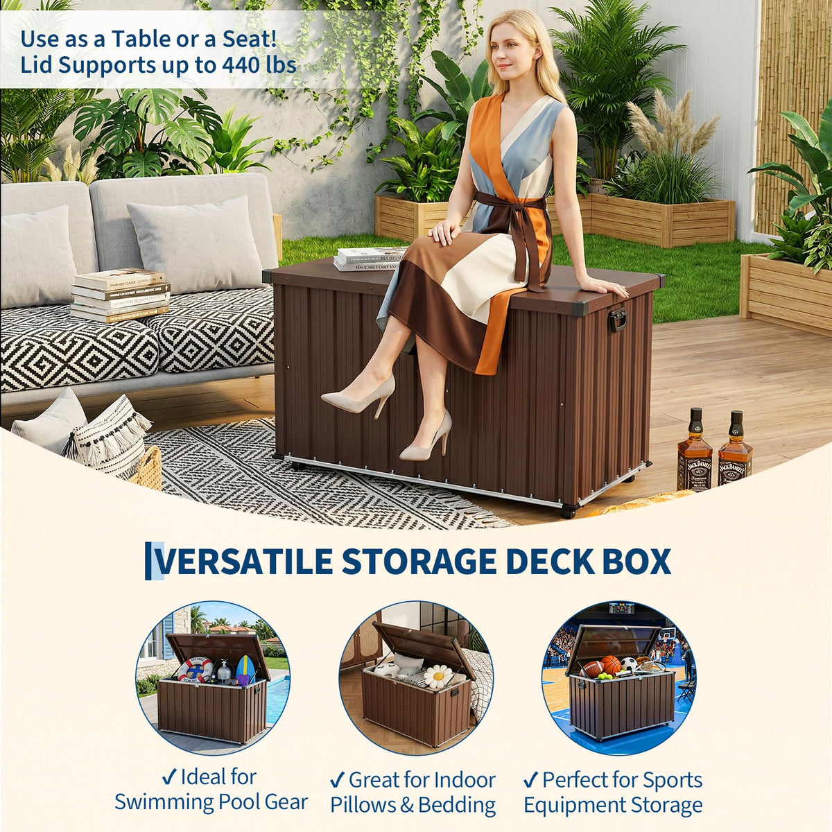 160 Gallon Outdoor Metal Storage Box, Waterproof Steel Deck Box with Lockable Soft-Close Lid, Dual Gas Struts, Wheels, Handles, Large Patio Cushion Tool Pool Storage, Brown,53.15"L x 27.76"W x 29.92"H