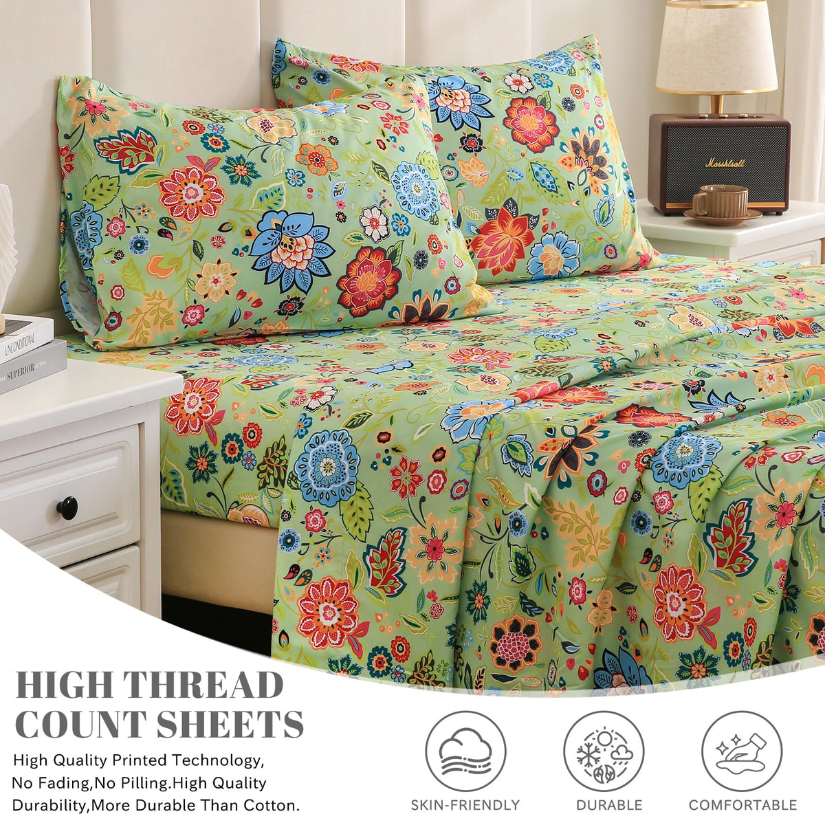 Bedlifes King Sheet Set Ultra Soft, Breathable, Silky Flower Deep Pocket 100% Microfiber Bedding, 4 Piece King Size with Floral Sage Green
