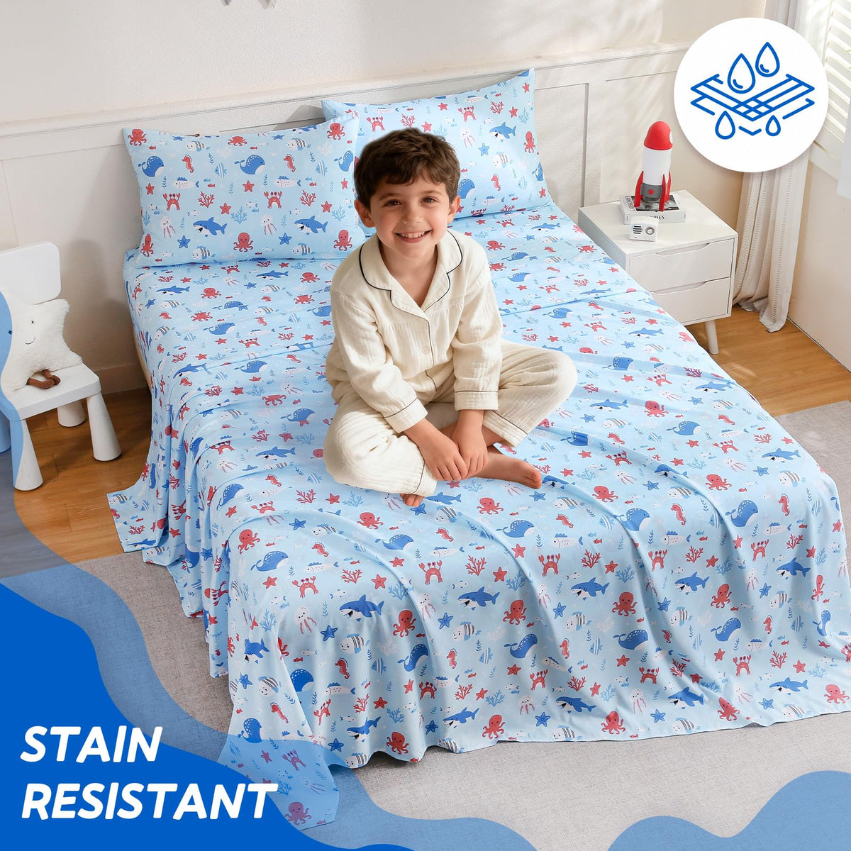 ChicView Twin Sheet Set Kids,3 Pieces Breathable Soft Microfiber Bedsheets for Child Boys Girls, Anti Pilling Deep Pockets Easy Care Bed Sheets, Ocean Animals