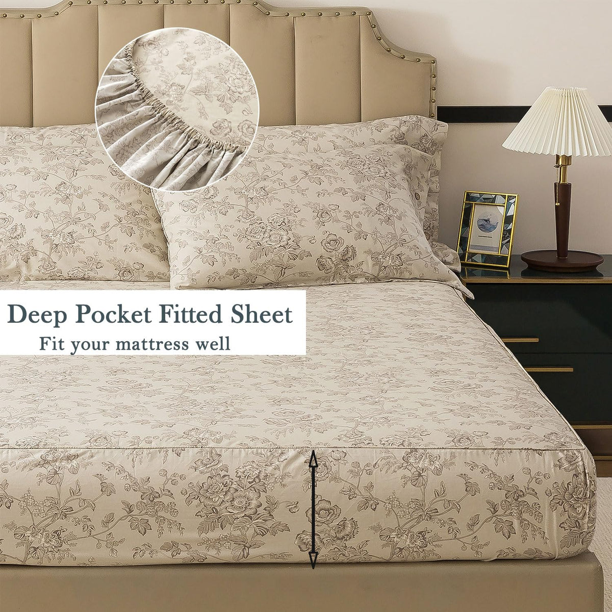 FADFAY Luxury 100% Cotton Percale Queen Sheet Set – 4-Piece Vintage Botanical Floral Bedding, Hotel-Quality Crisp & Breathable Sheets, Deep Pocket Fitted Sheet, Elegant French Country Cottage Style