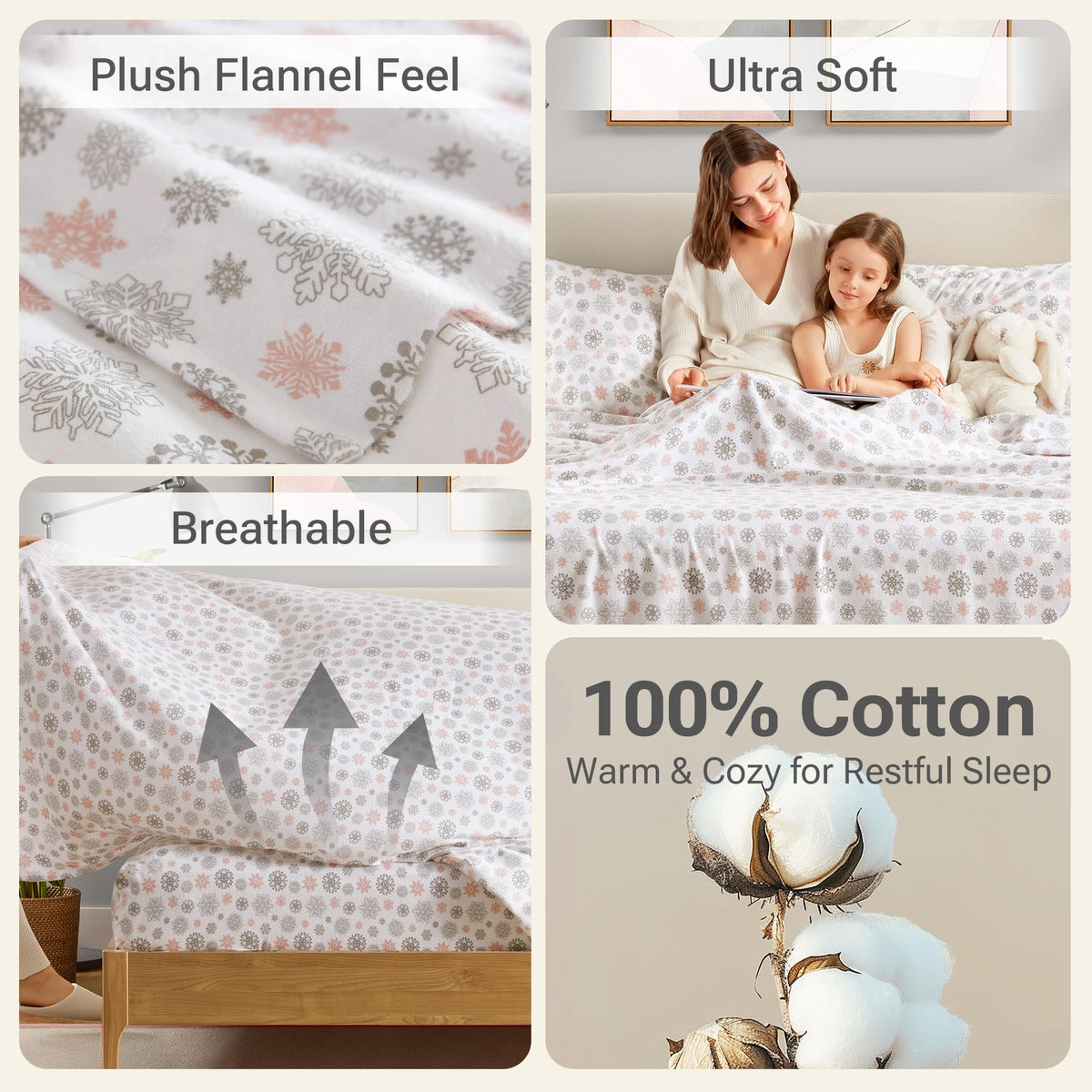 True North by Sleep Philosophy Cozy Flannel Warm 100% Cotton Sheet - Novelty Print Animals Stars Cute Ultra Soft Cold Weather Bedding Set, Twin XL, Pink/Grey Snowflakes 3 Piece