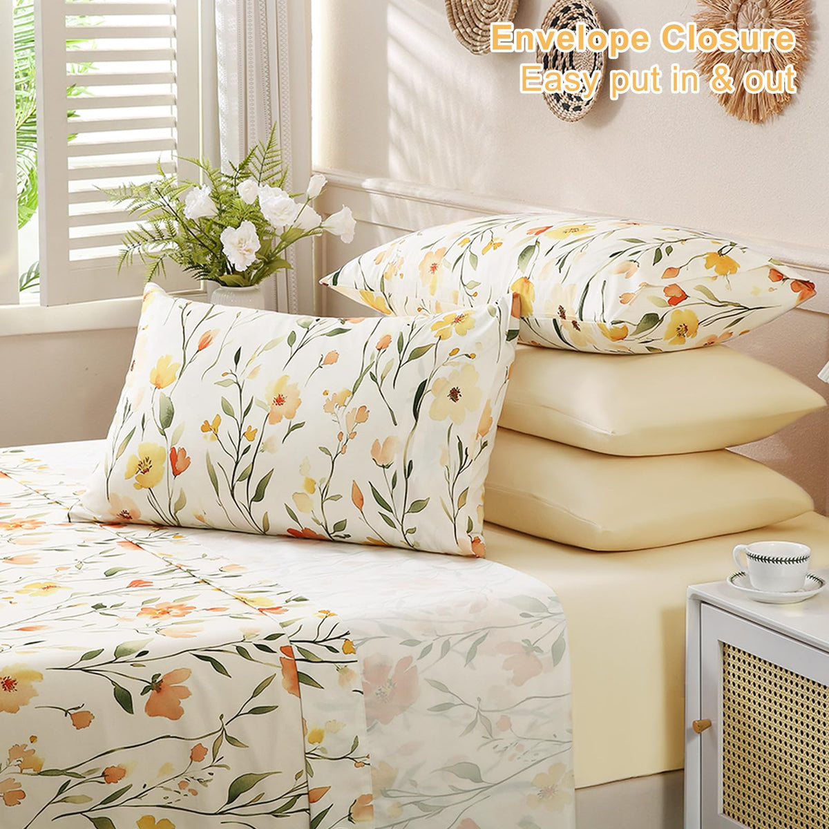 Botanical 6-Piece King Size Sheets Set, Boho Floral Print Brushed Microfiber Sheets, Cooling Bed Sheet Set, Ultra Soft & Breathable, 16' Deep Pocket Fitted Sheet & Pillowcase Set, Beige Floral