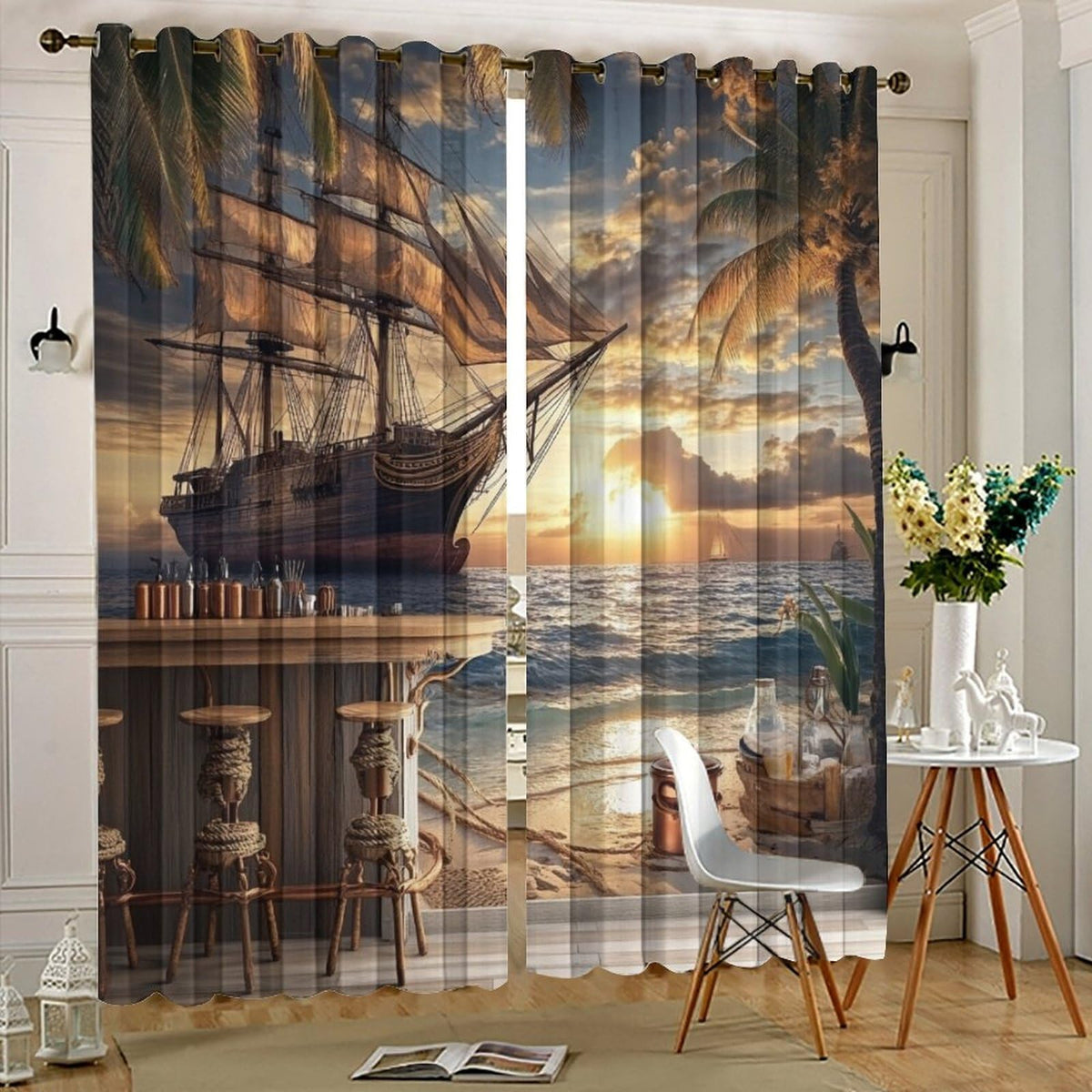 TOWINSFB Nautical Pirate Ship Blackout Curtains for Bedroom/Living Room, Retro Sunset Ocean Sailboat Grommet Curtains Thermal Insulated Window Drapes, 2 Panels, Each 21W x 45L